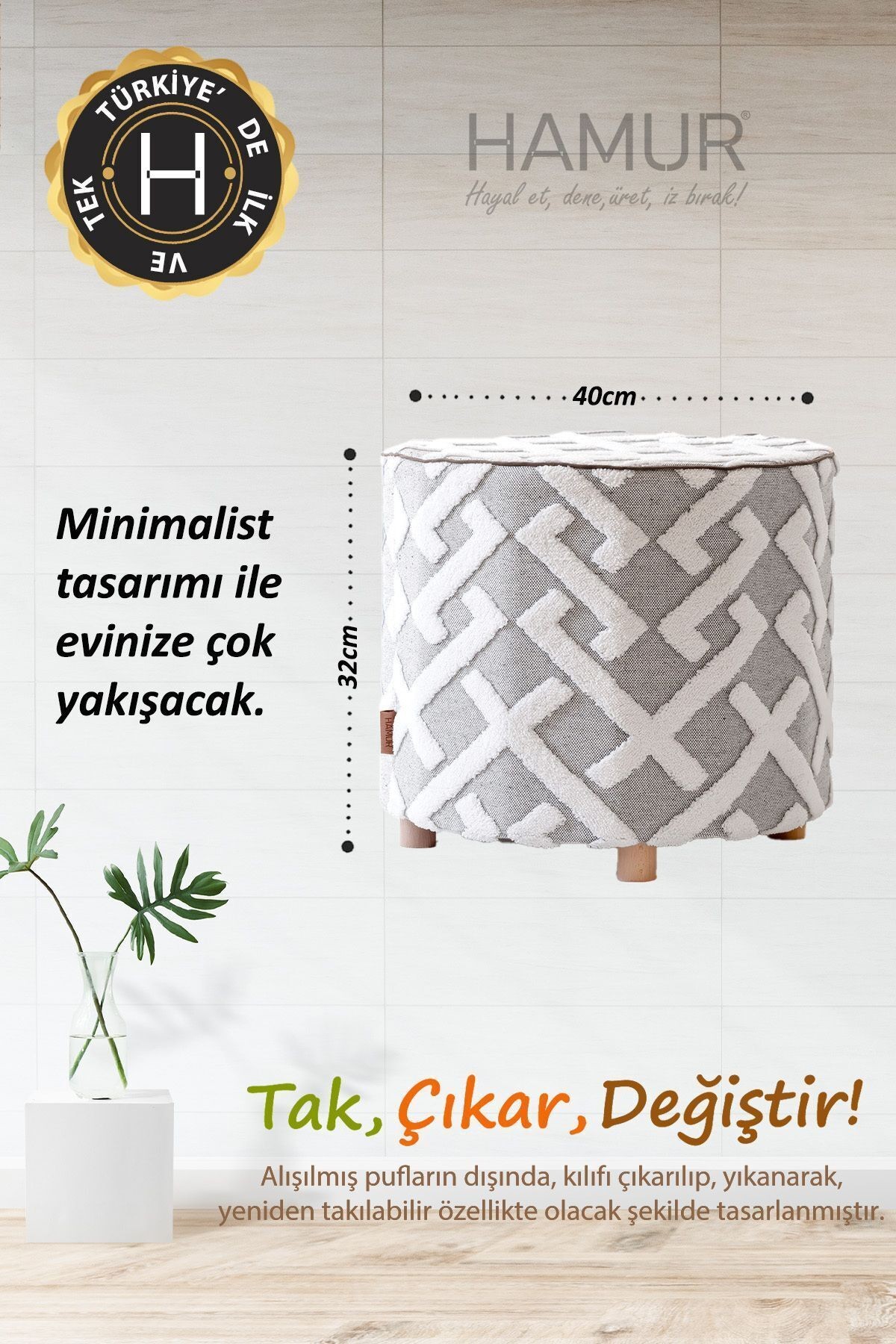 Yıkanabilir Kılıflı Puf Köşegen İskandinav Bohem Punch  Orta Sehpa Koltuk Tabure Elda Gri