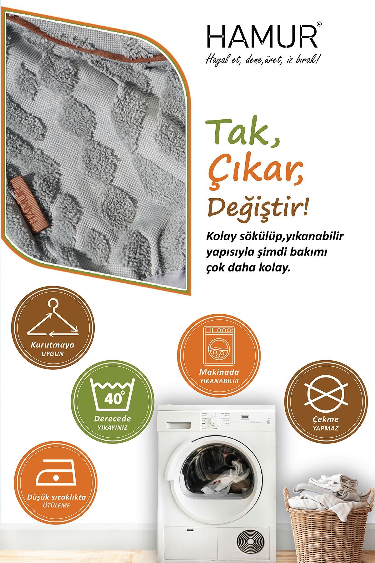 Yıkanabilir Puf Tabure Kılıfı Tak-Çıkar-Değiştir-Yenile Orta Sehpa Kılıfı By Letta Gri