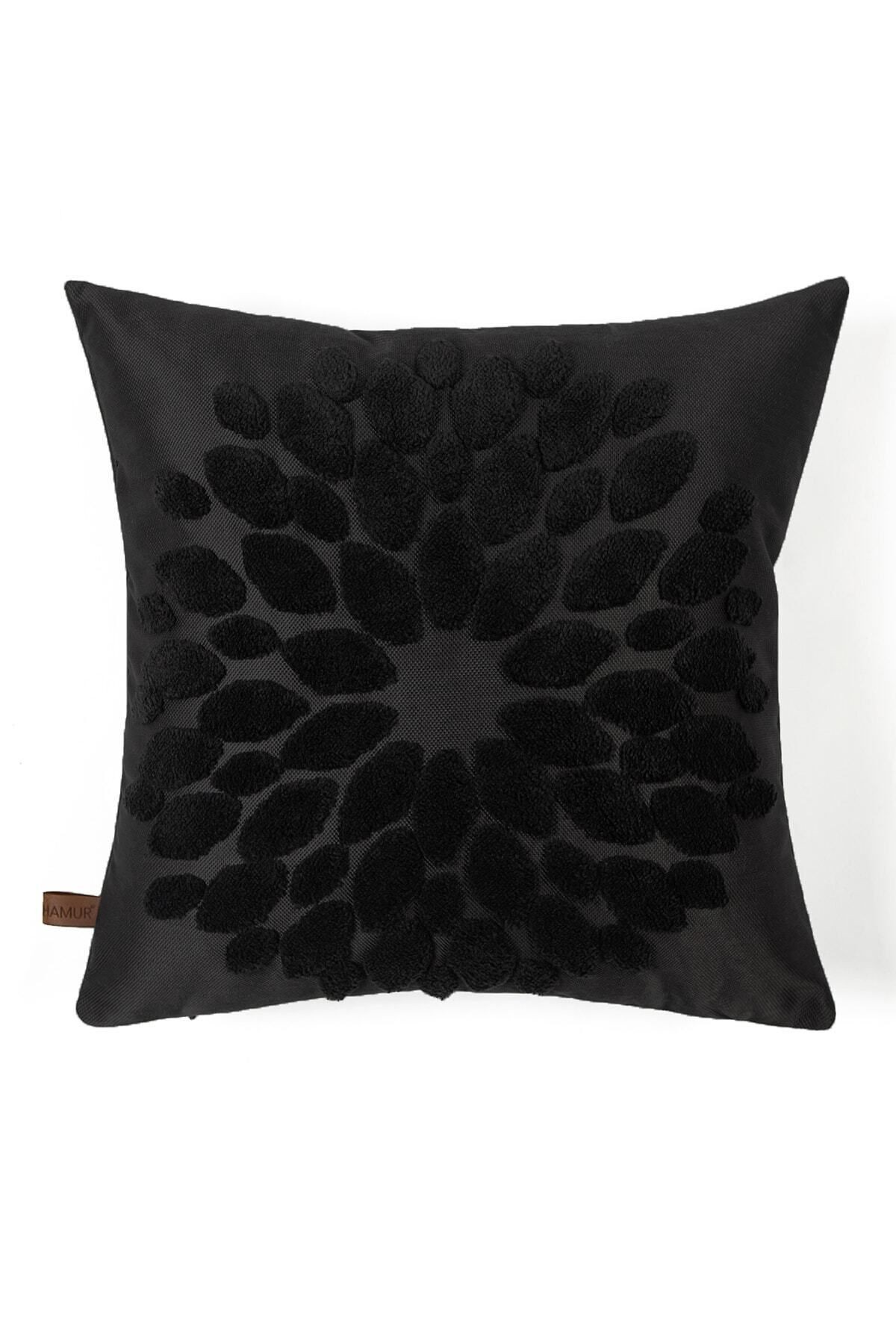 Bohem Özel Tasarım Punch Panç Desen Kare Dekoratif Kırlent Kılıfı Flower Siyah 43x43 cm