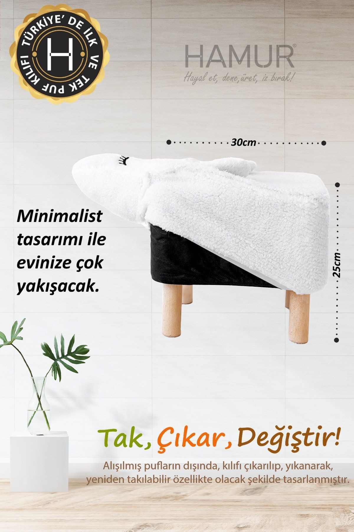 Yıkanabilir Puf Tabure Kılıfı Tak-Çıkar-Değiştir-Yenile Orta Sehpa Kılıfı Bb Fluffy Zoo Bunny