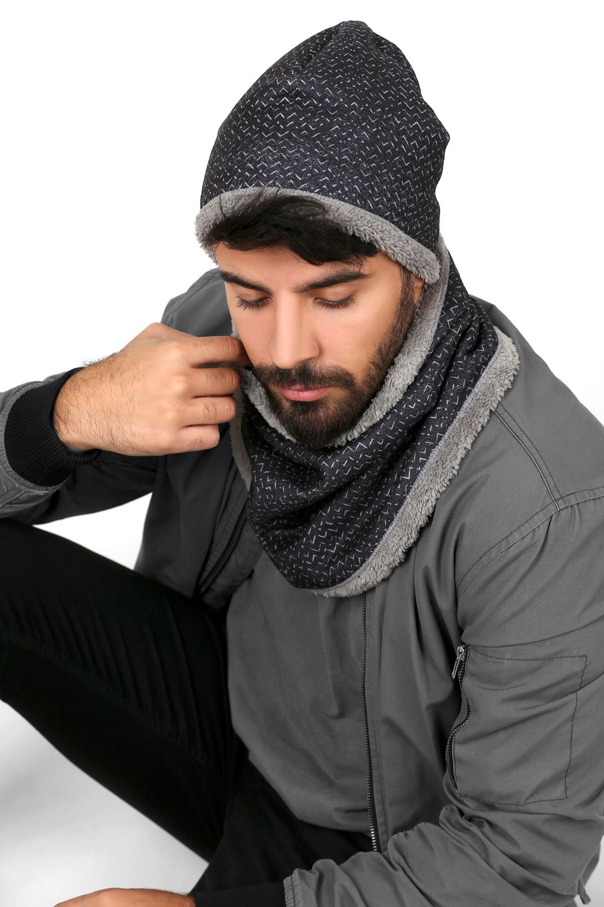 Siyah Erkek Bere Ve Boyunluk 2li Set Takım Sport Bb-108