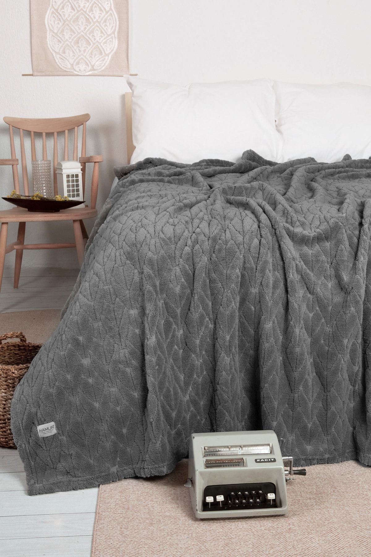 Forest Tek Kişilik Jakarlı Örme Battaniye Koyu Gri