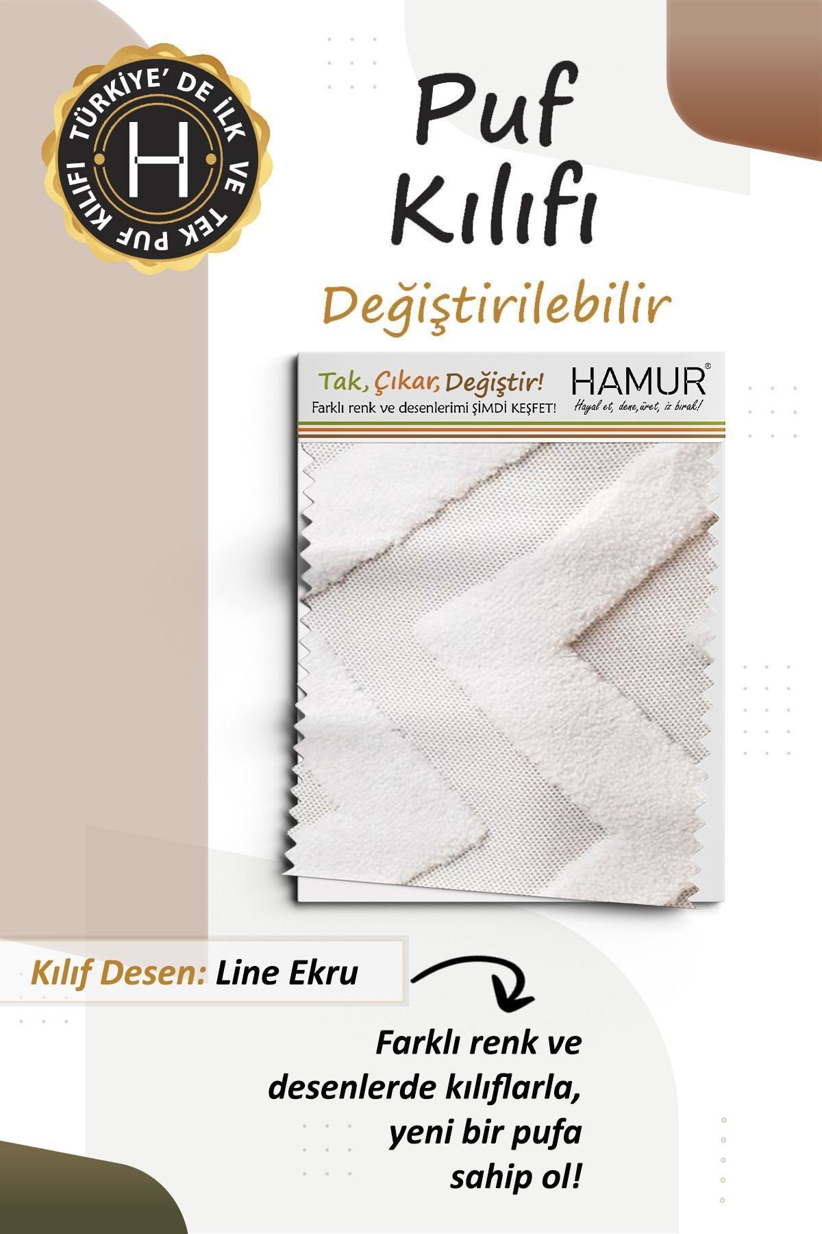 Yıkanabilir Puf Tabure Kılıfı Tak-Çıkar-Değiştir-Yenile Orta Sehpa Kılıfı By Line Ekru