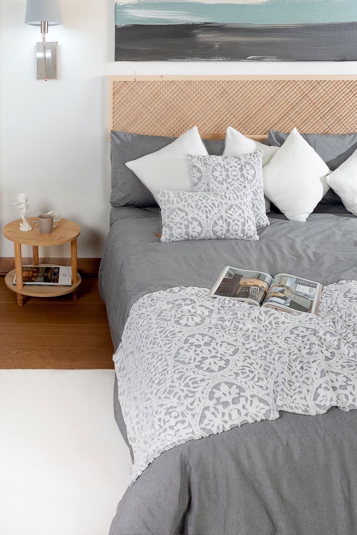 Jakarlı Yatak Runner Set Motif Gri