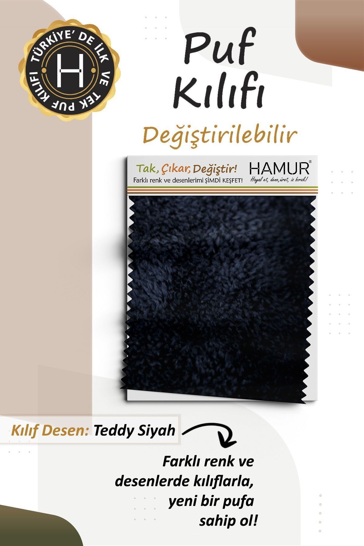 Yıkanabilir Puf Tabure Kılıfı Tak-Çıkar-Değiştir-Yenile Orta Sehpa Kılıfı Bb Teddy Siyah