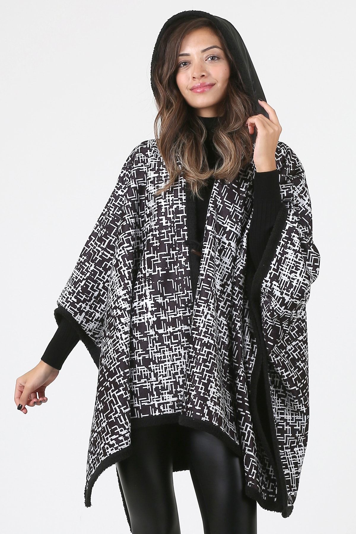 Kapşonlu Oversize Düğmeli Içi Siyah Peluş Kadife Mont Tüvit Kk-803