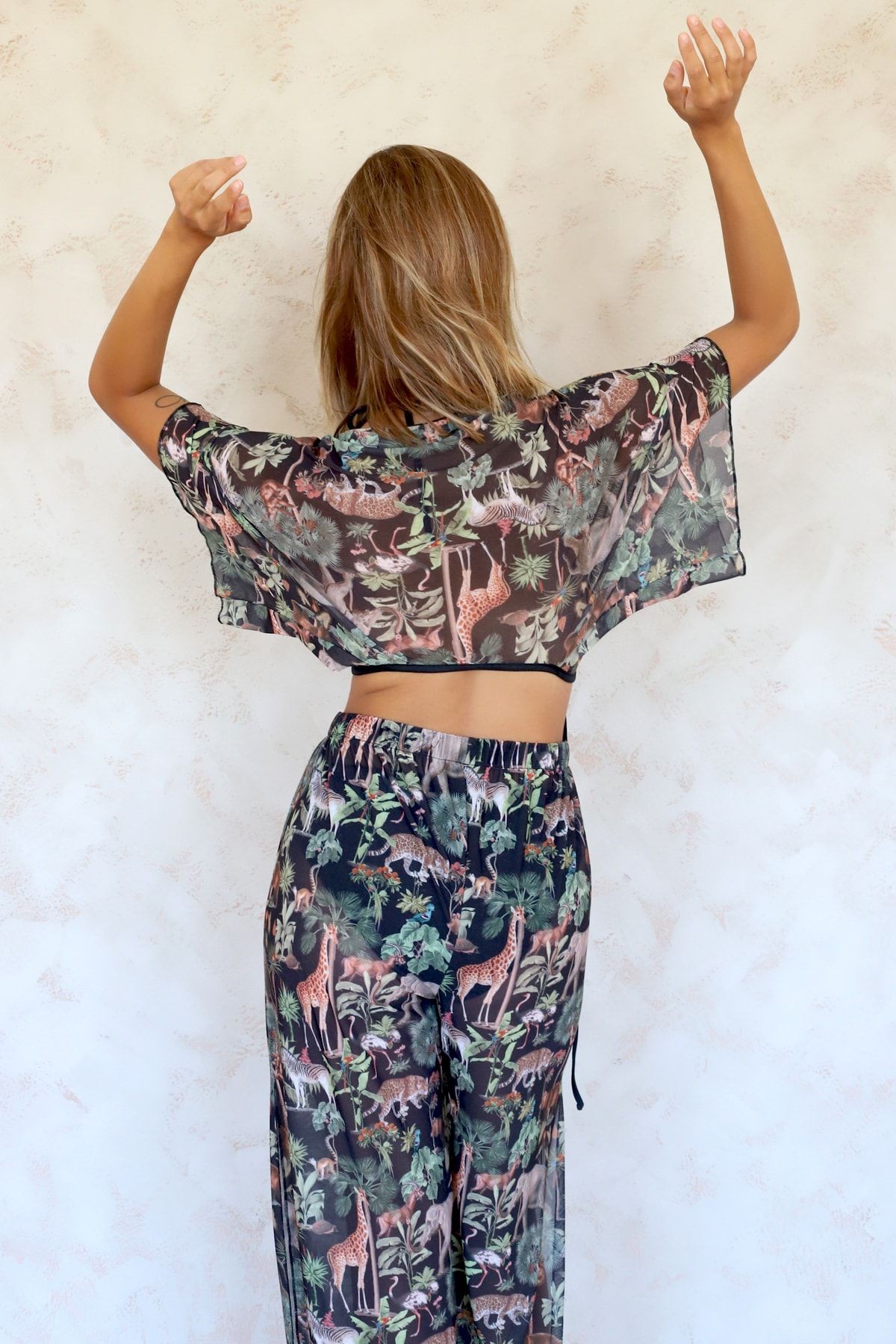 Plaj Pantalon Pareo Yazlık Kapalı Yırtmaçlı Lastikli Şifon Tül Kumaş Yüksek Bel Woods Siyah