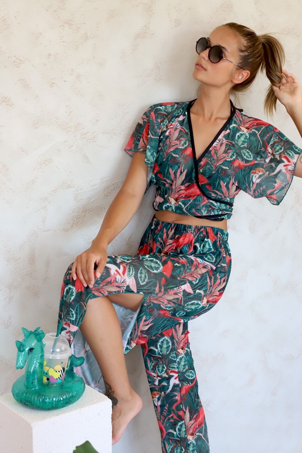 Plaj Pantalon Pareo Yazlık Kapalı Yırtmaçlı Lastikli Şifon Tül Kumaş Yüksek Bel Flower Yeşil