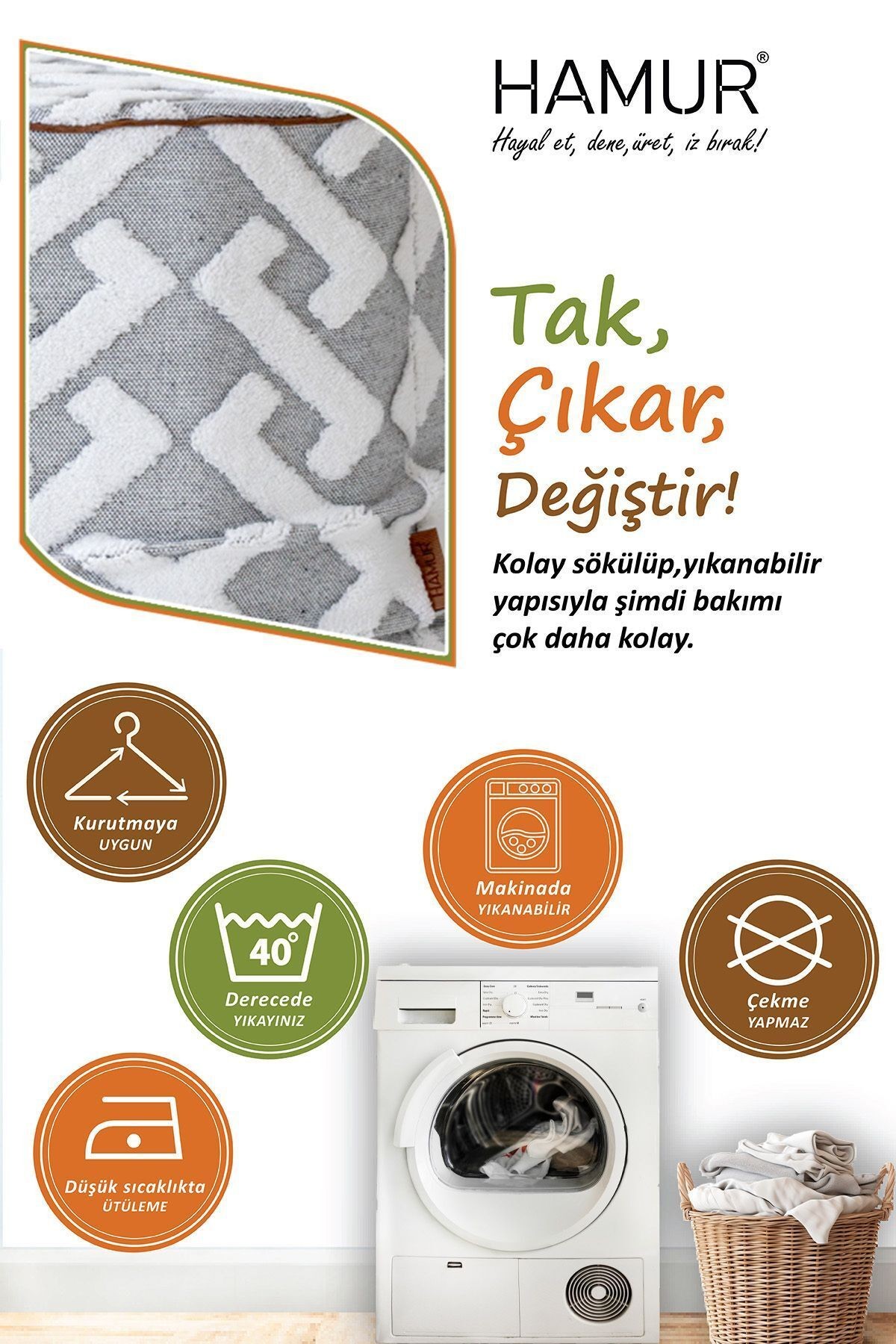 Yıkanabilir Puf Tabure Kılıfı Tak-Çıkar-Değiştir-Yenile Orta Sehpa Kılıfı By Elda Gri