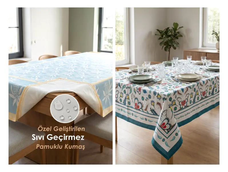 Yemek alanı dekorasyonunda 150×220 cm HAMUR masa örtüsü kullanımı