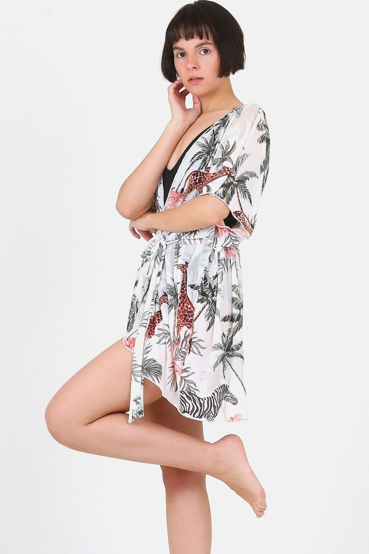 Pareo Plaj Elbisesi Kimono Std Tropikal Beyaz