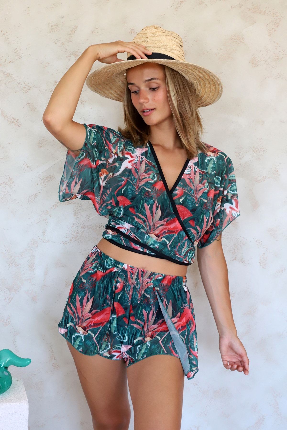 Crop Çapraz Bağlama Detaylı Plaj Pareo Yazlık Tül Şifon Bluz Flower Yeşil Std