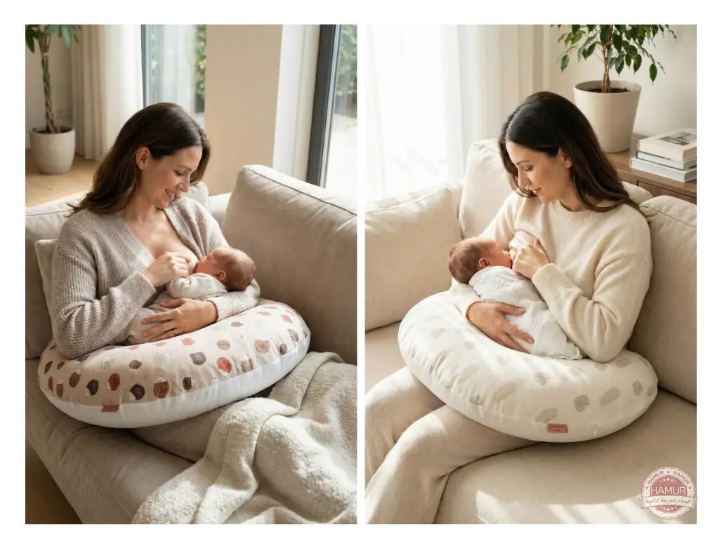 Anne ve bebeğin emzirme yastığı kullanarak konforlu emzirme pozisyonunda bulunduğu görüntü