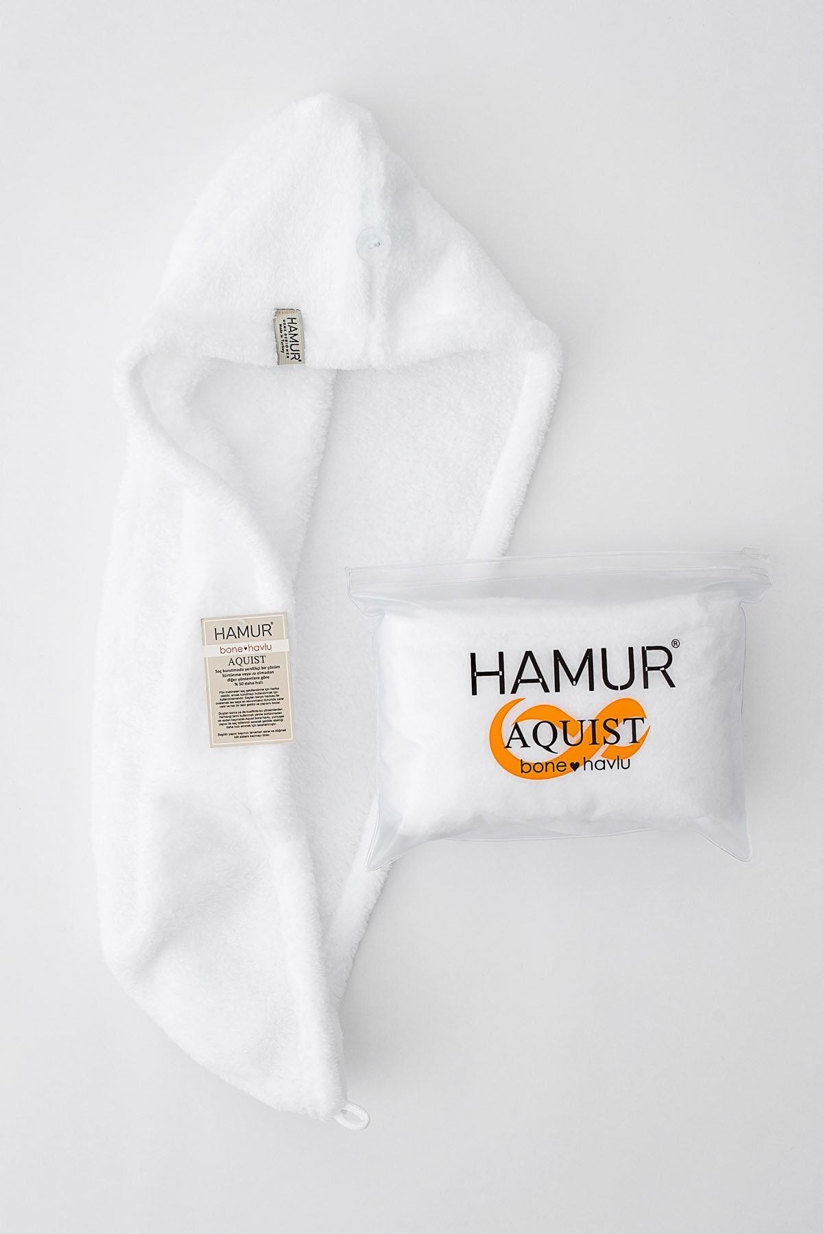 Aquist Bone Havlu Düğmeli Saç Kurutma Havlusu Saç Bonesi Beyaz