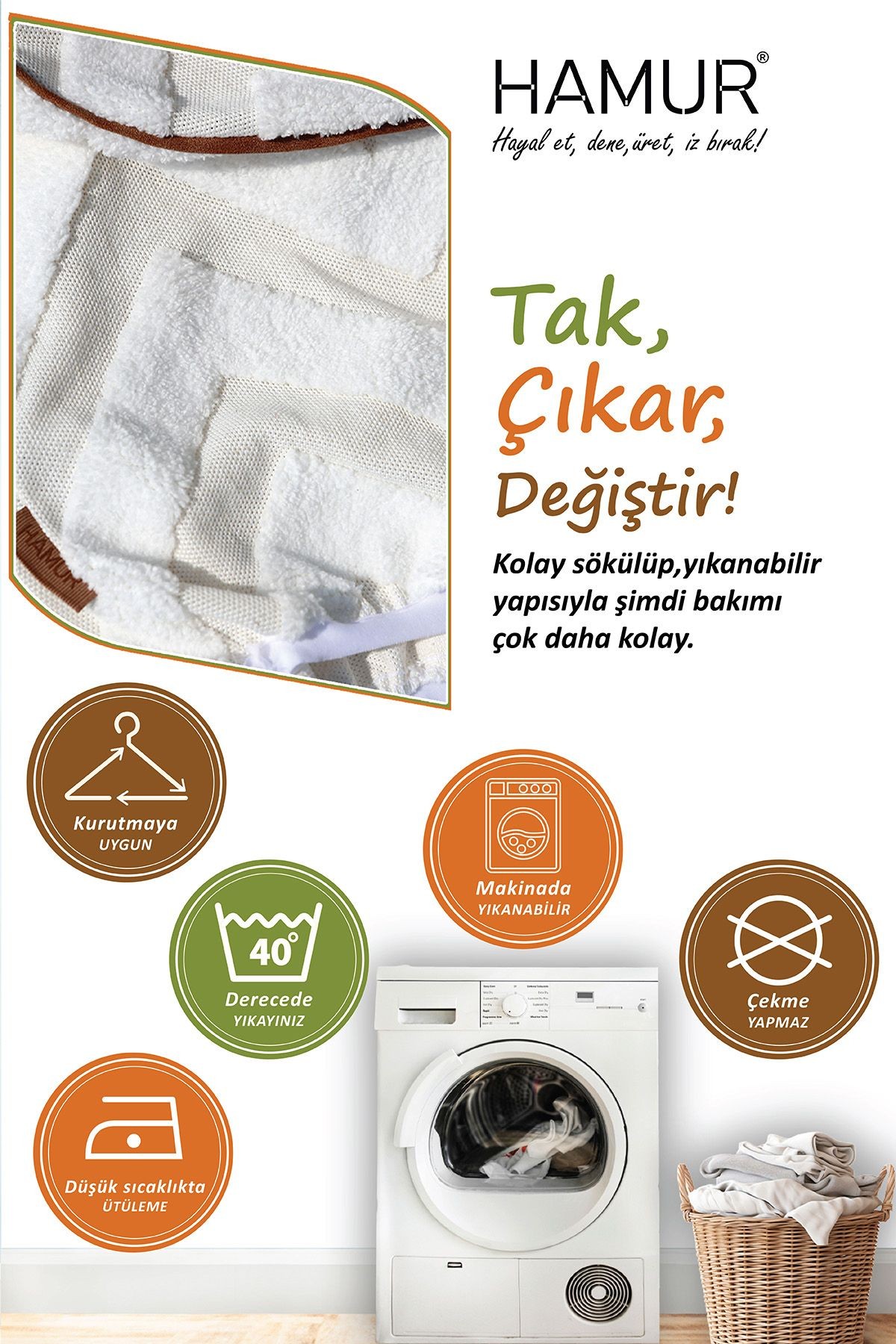 Yıkanabilir Puf Tabure Kılıfı Tak-Çıkar-Değiştir-Yenile Orta Sehpa Kılıfı By Line Ekru