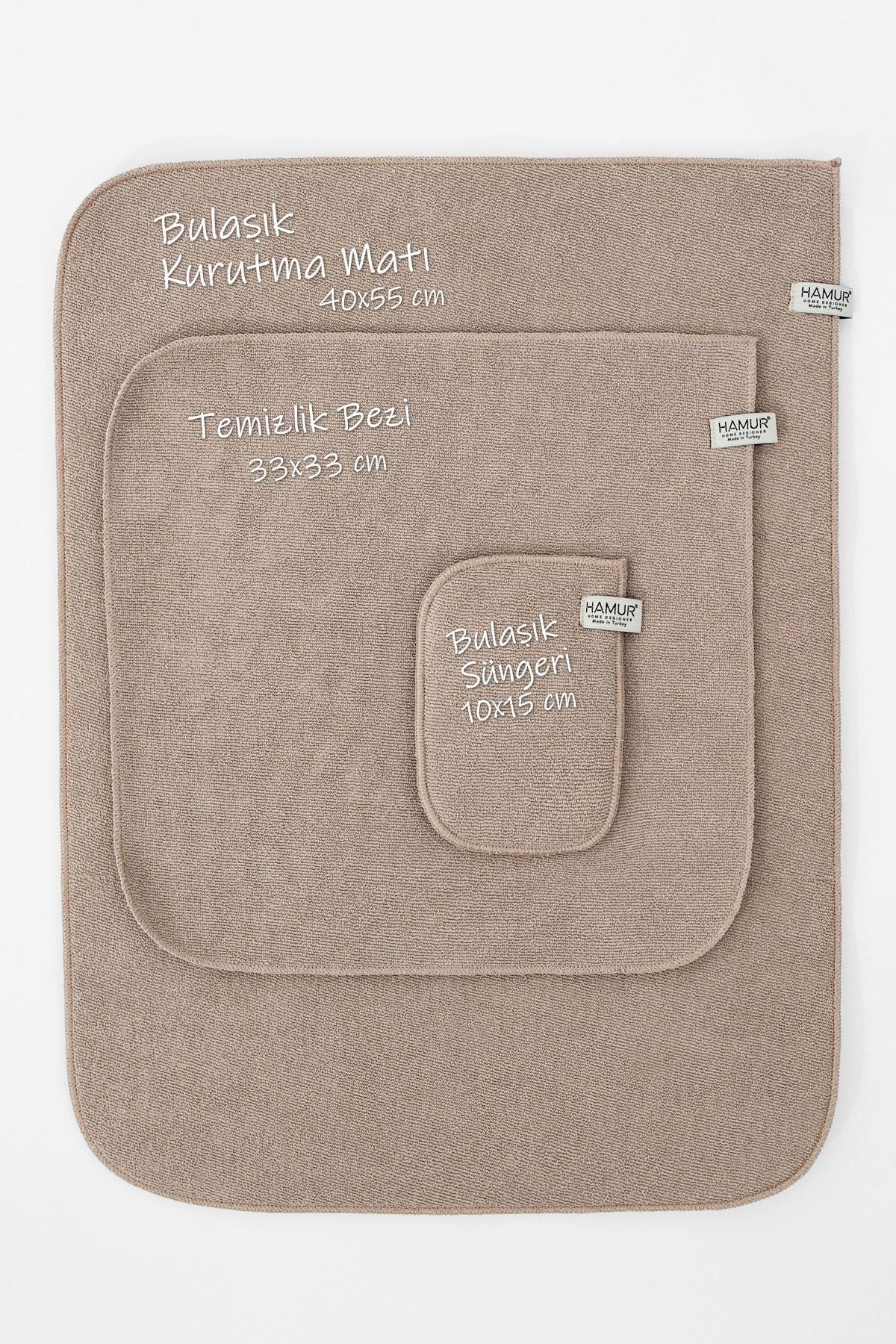 Bej-gri Microwell 3 Prç Set Microfiber Bulaşık Kurutma Matı Mutfak Seti 3'lü Kurulama Bezi Örtüsü