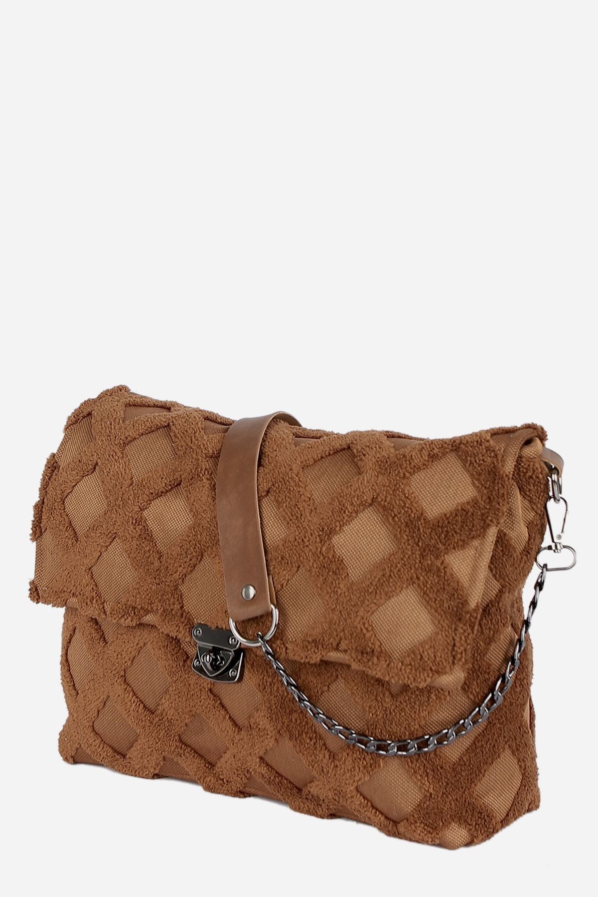 Kadın Kumaş El Ve Omuz Çantası Tweed Taba Kürklü Peluş Örme Çapraz Askılı Çanta