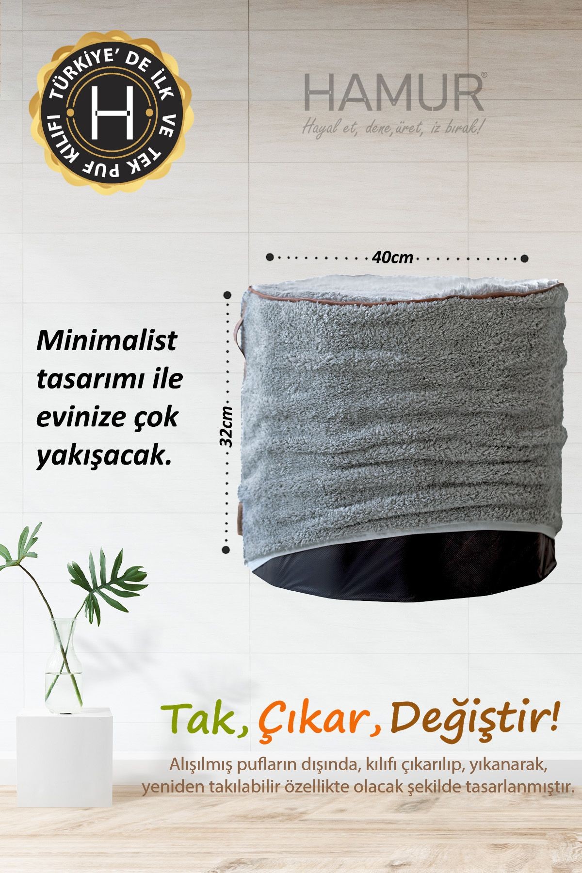 Yıkanabilir Puf Tabure Kılıfı Tak-Çıkar-Değiştir-Yenile Orta Sehpa Kılıfı By Teddy Gri