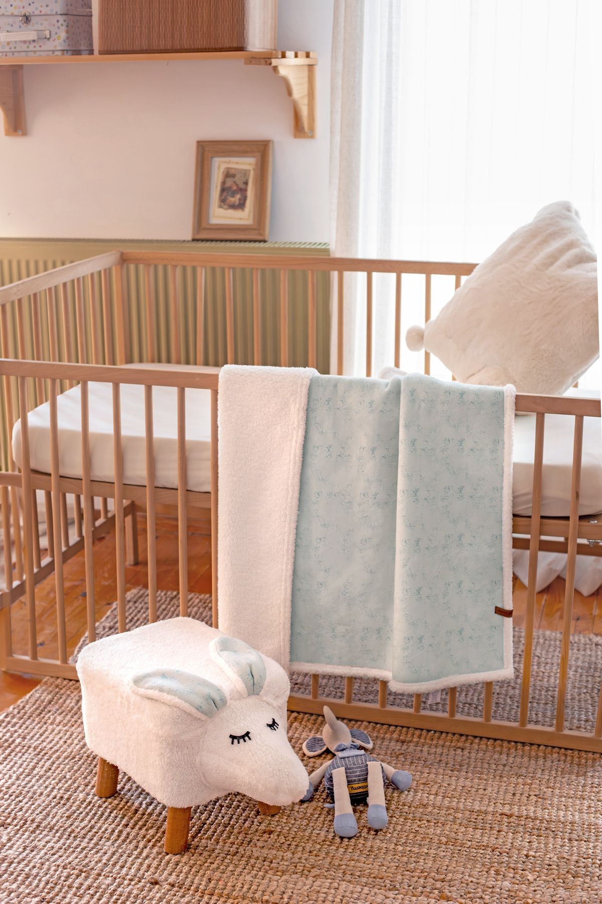 Yıkanabilir Kılıflı Tabure Bebek Çocuk Oyun Koltuğu Sandalye Ahşap Ayaklı Puf Fluffy Zoo Bunny