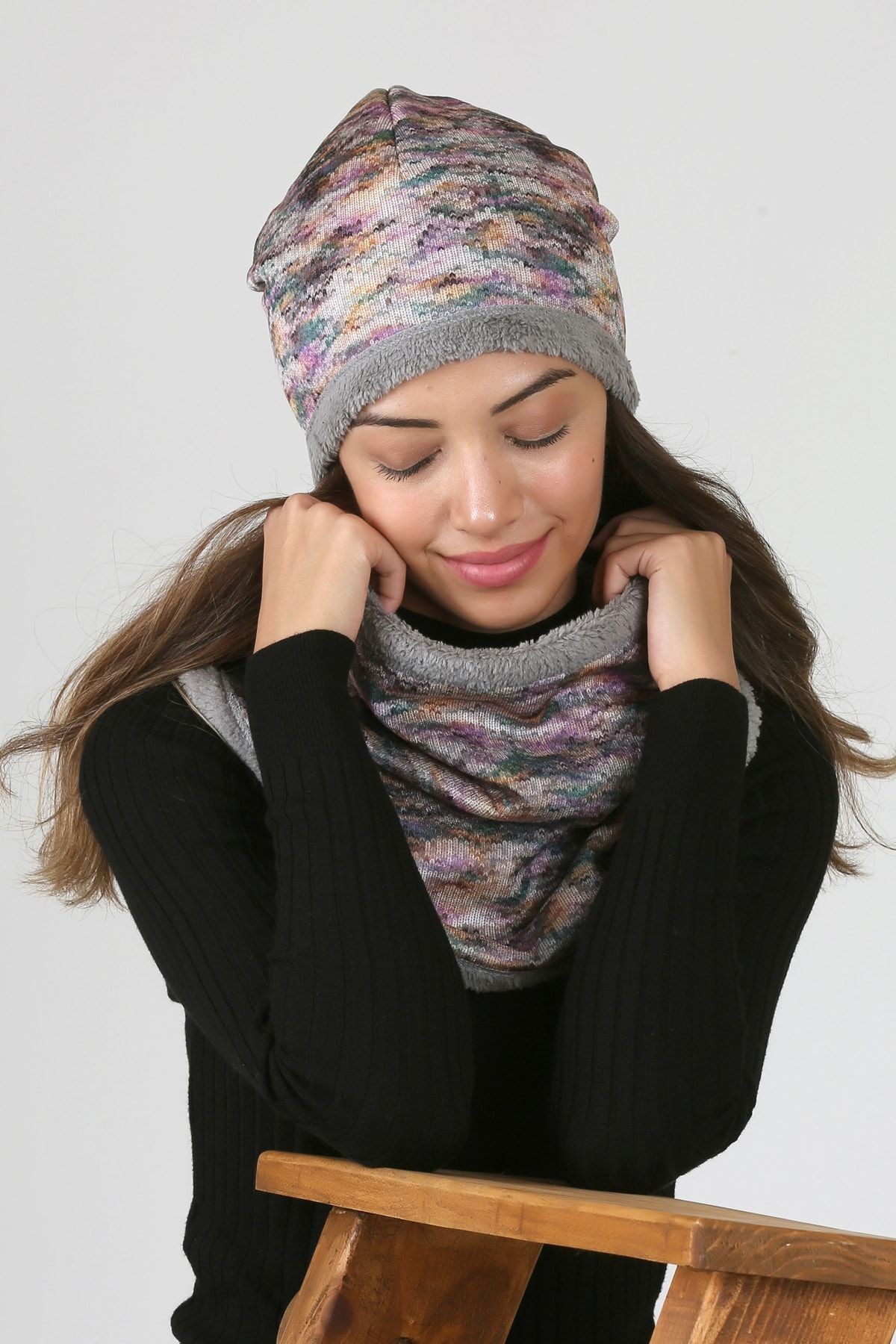 Gri Kadın Bere Ve Boyunluk 2li Set Takım Tricot Bb-093
