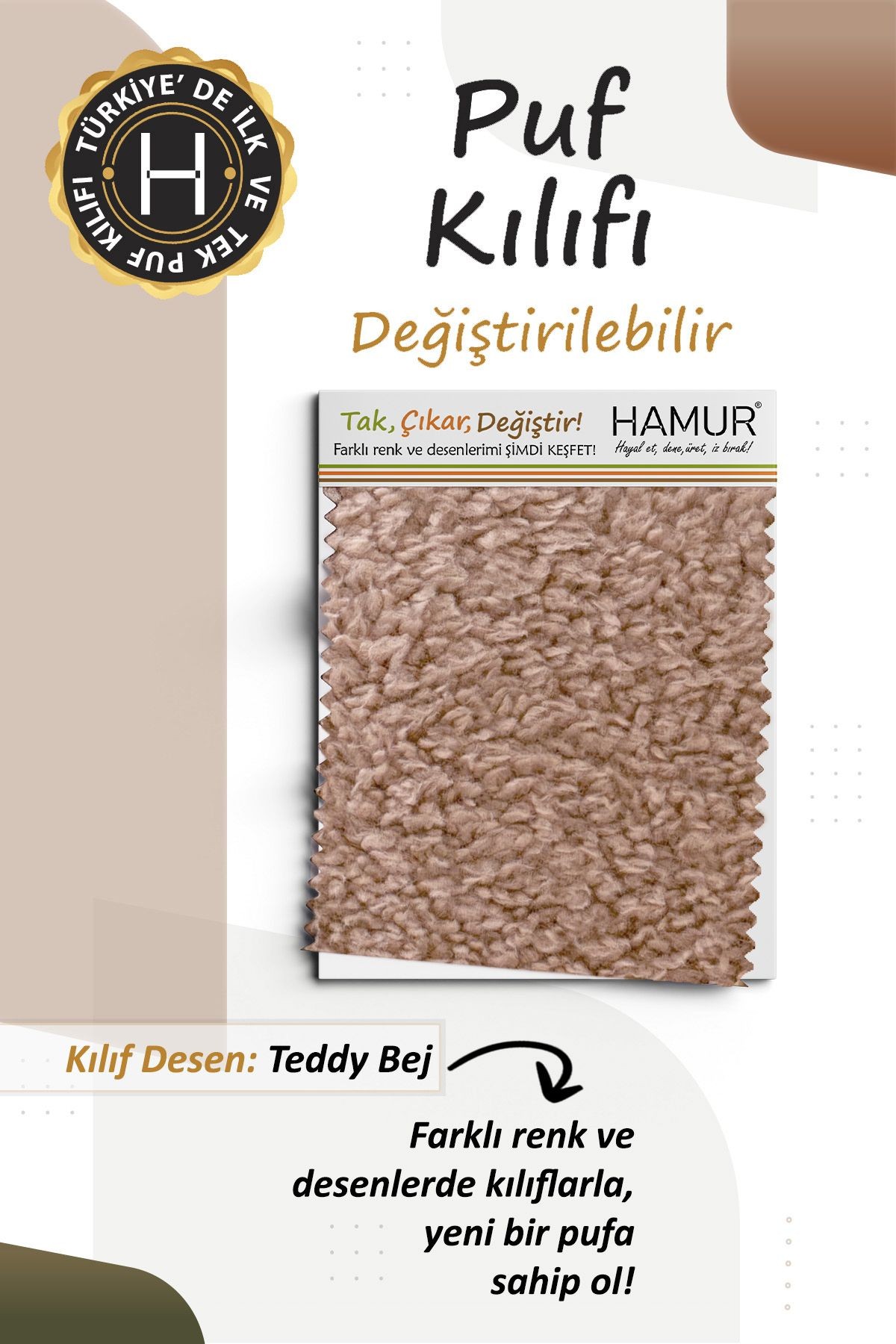 Yıkanabilir Puf Tabure Kılıfı Tak-Çıkar-Değiştir-Yenile Orta Sehpa Kılıfı Kc Teddy Bej