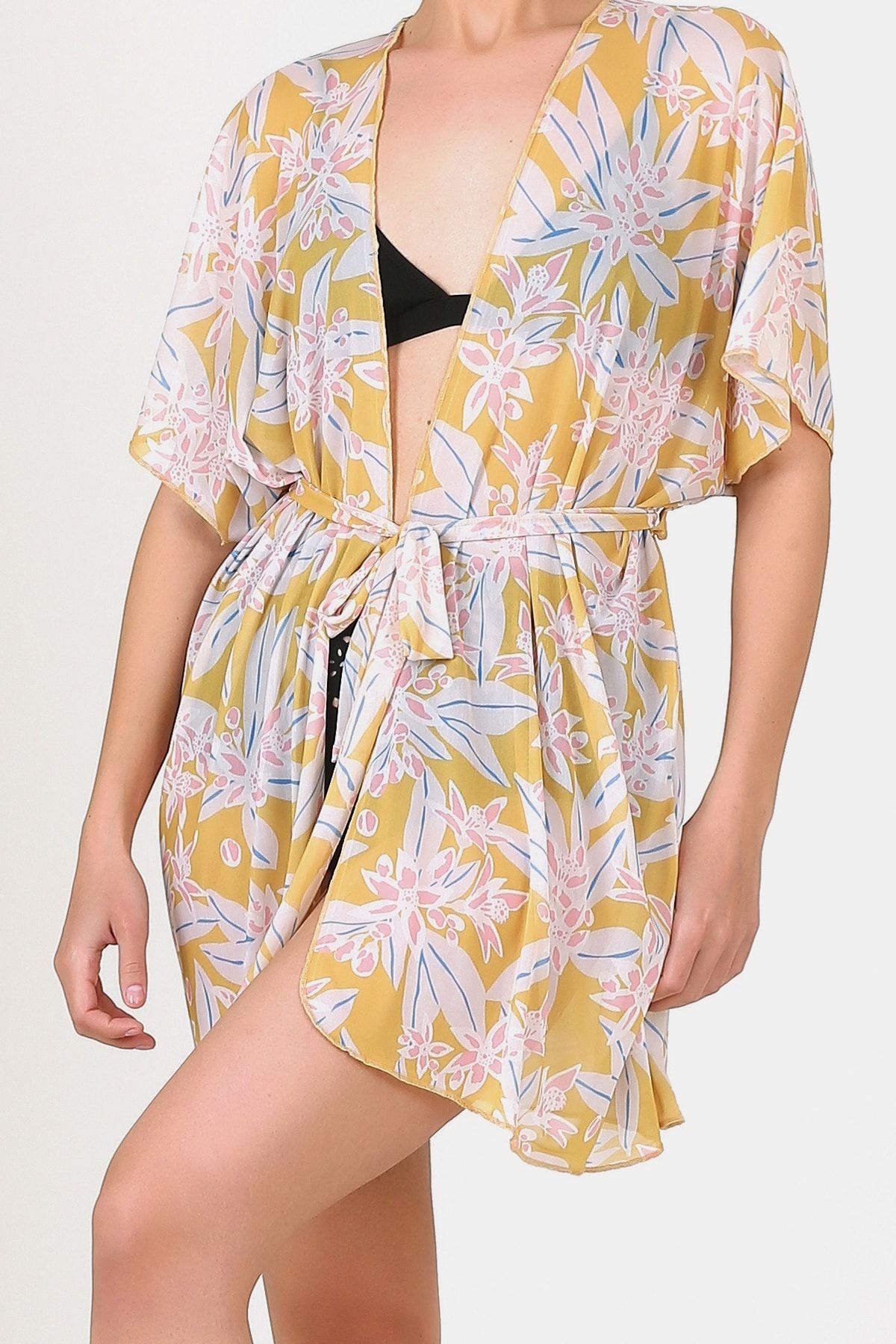 Pareo Plaj Elbisesi Kimono Std Çiçekler Sarı