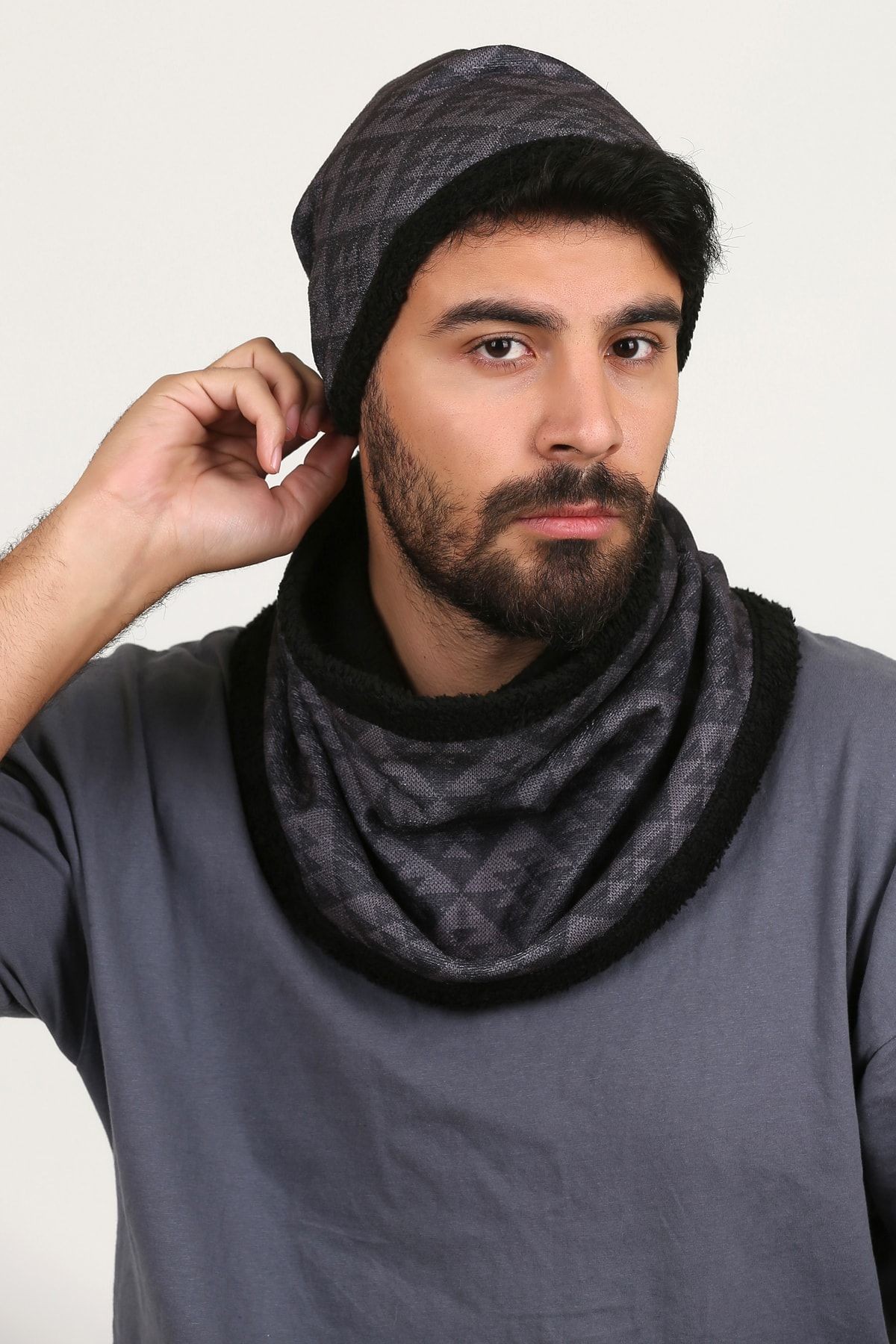 Gri Erkek Bere Ve Boyunluk 2li Set Takım Örme Desen Bb-106