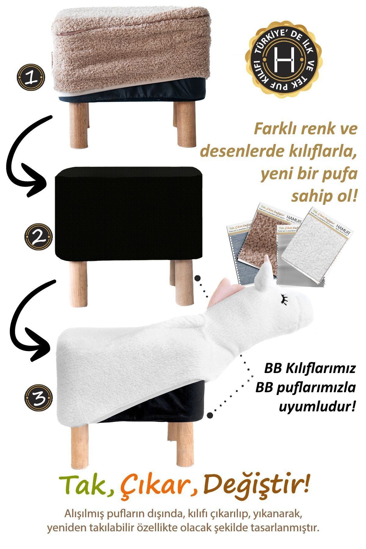Yıkanabilir Puf Tabure Kılıfı Tak-Çıkar-Değiştir-Yenile Orta Sehpa Kılıfı Bb Fluffy Zoo Unicorn