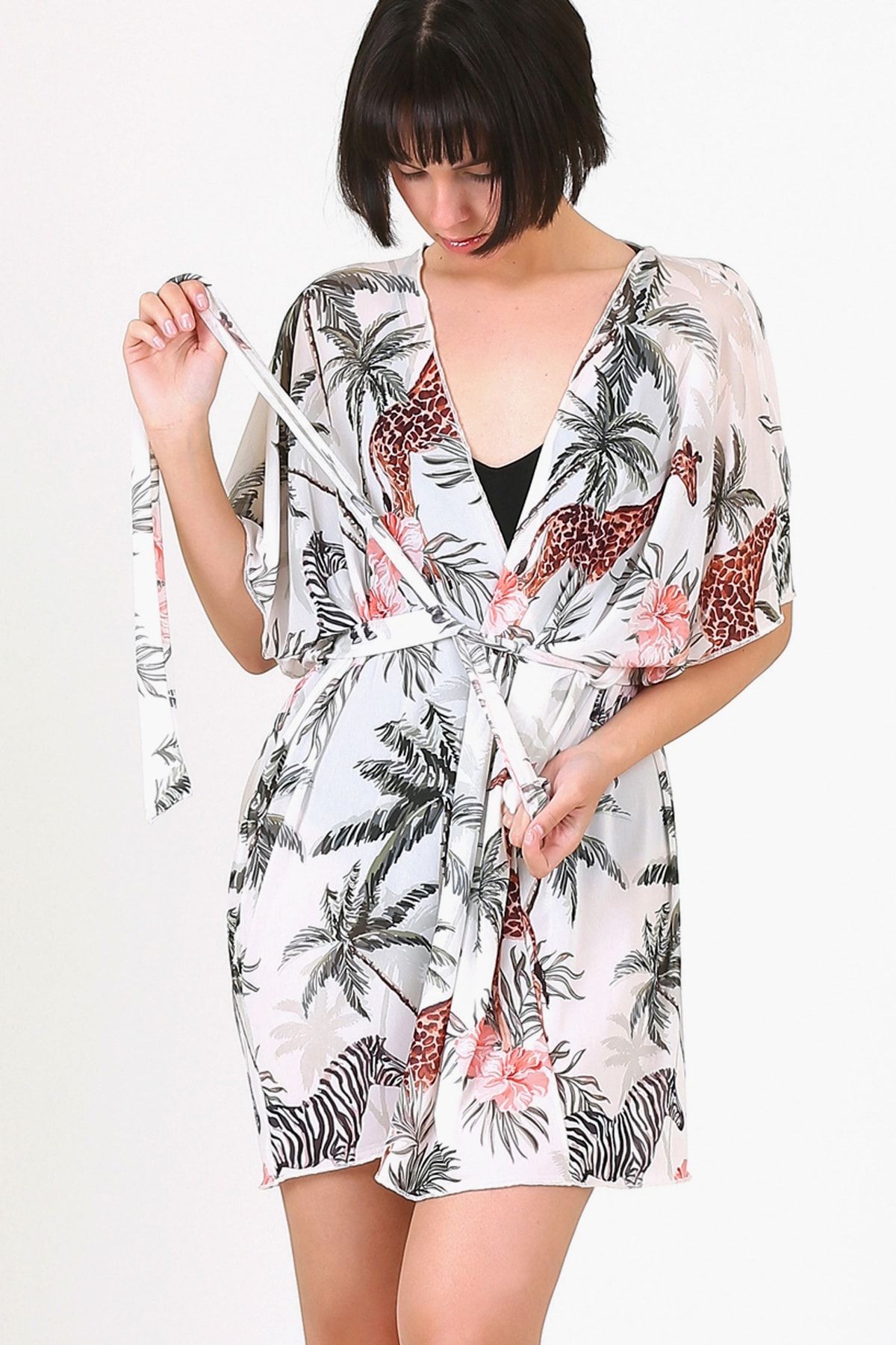 Pareo Plaj Elbisesi Kimono Std Tropikal Beyaz