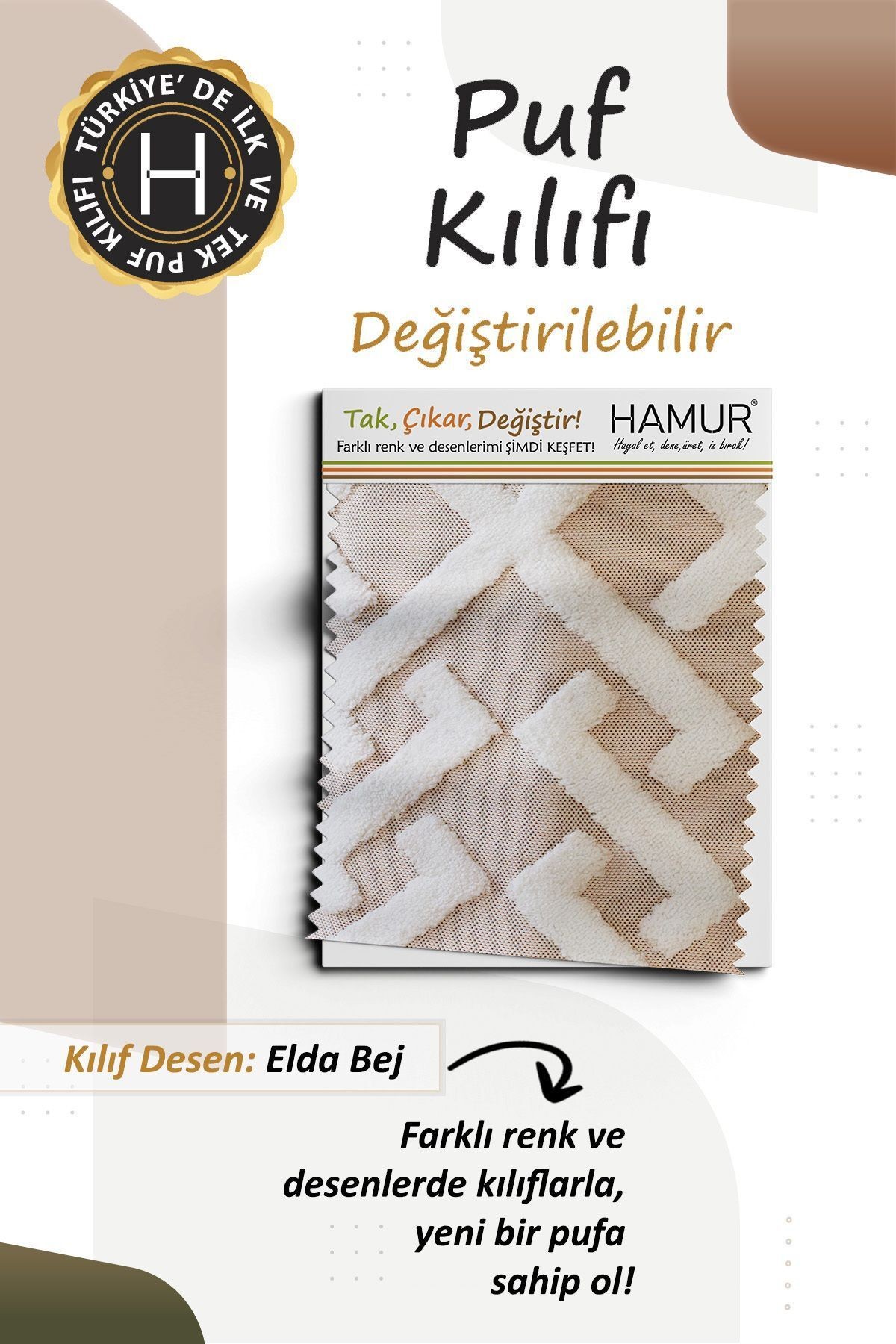 Yıkanabilir Puf Tabure Kılıfı Tak-Çıkar-Değiştir-Yenile Orta Sehpa Kılıfı By Elda Bej