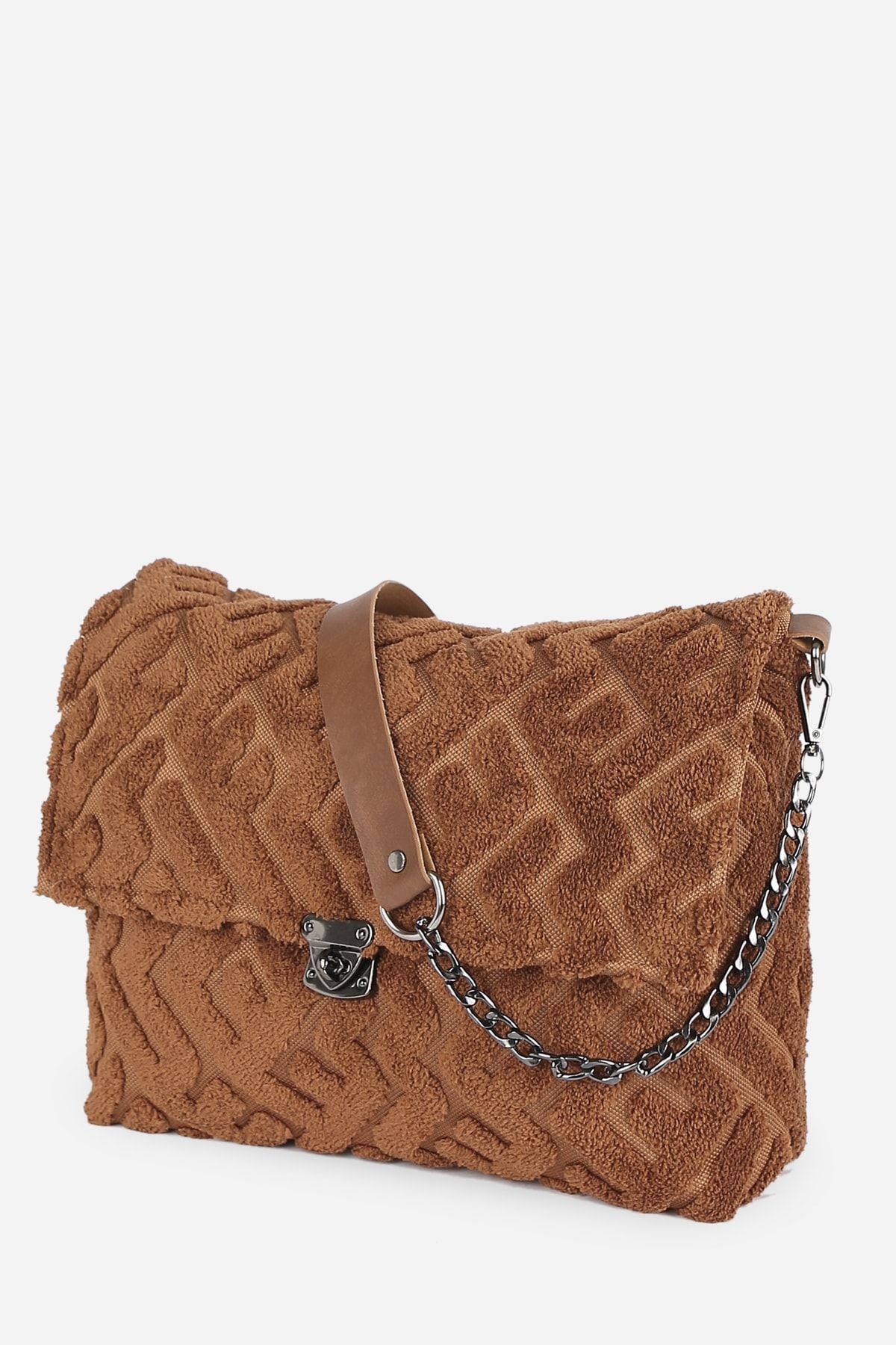 Kadın Kumaş El Ve Omuz Çantası Maze Taba Kürklü Peluş Örme Çapraz Askılı Çanta