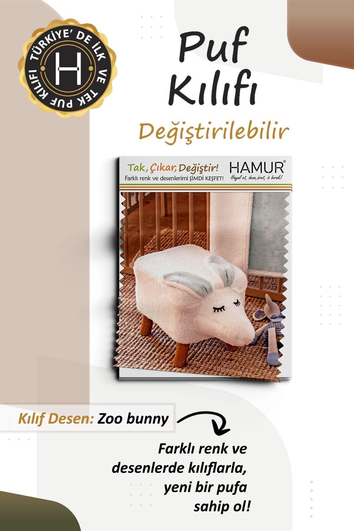 Yıkanabilir Puf Tabure Kılıfı Tak-Çıkar-Değiştir-Yenile Orta Sehpa Kılıfı Bb Fluffy Zoo Bunny