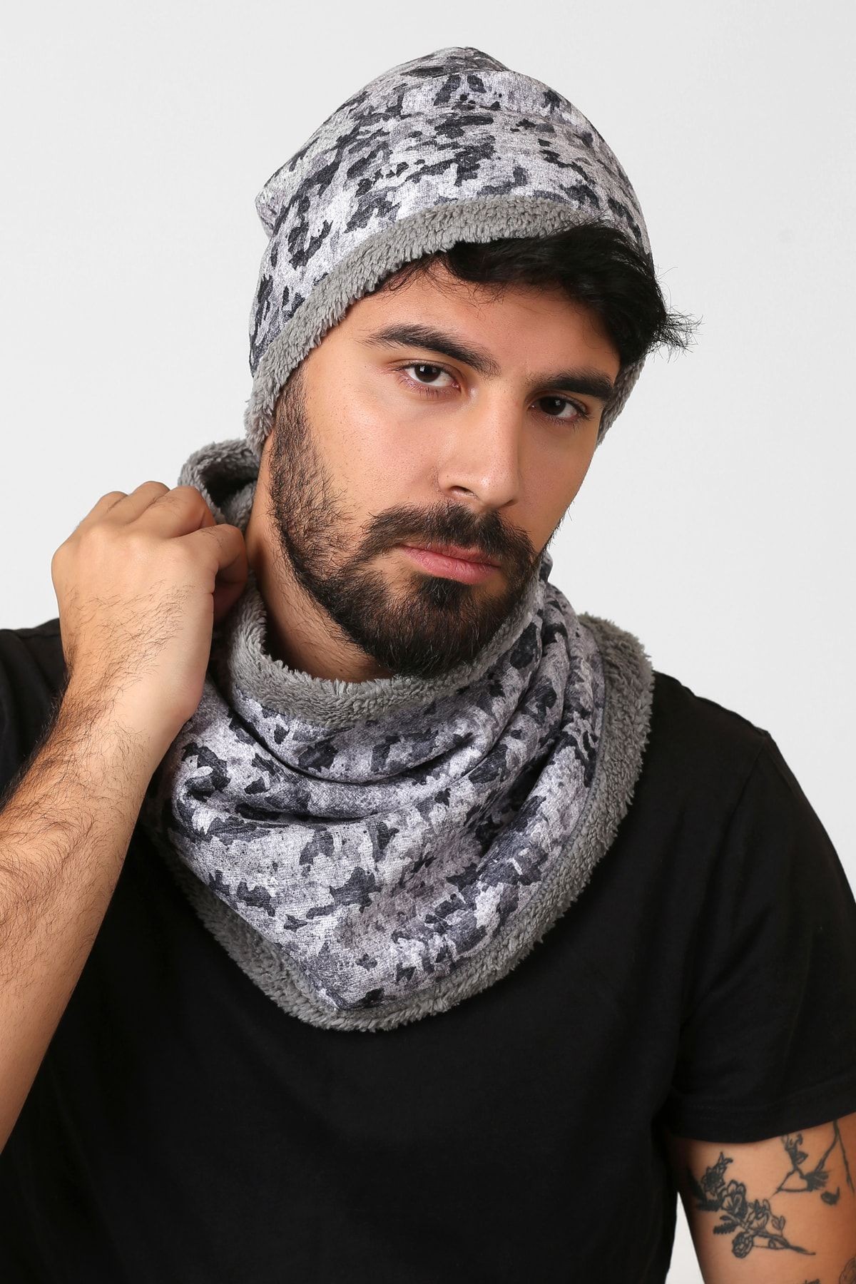 Gri Erkek Bere Ve Boyunluk 2li Set Takım Kamuflaj Bb-105