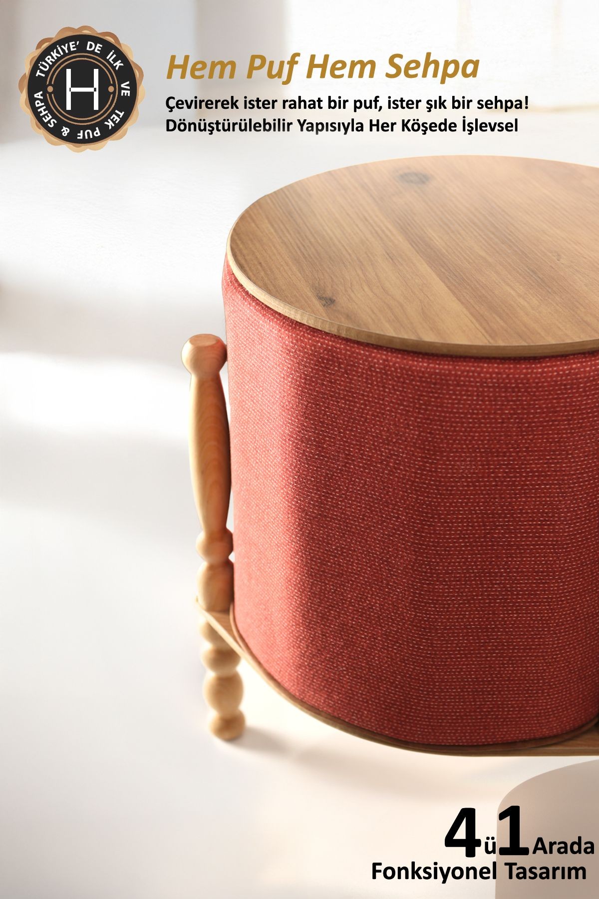 Ahşaplı Sehpa/Puf Çift Taraflı Linen WellKahve