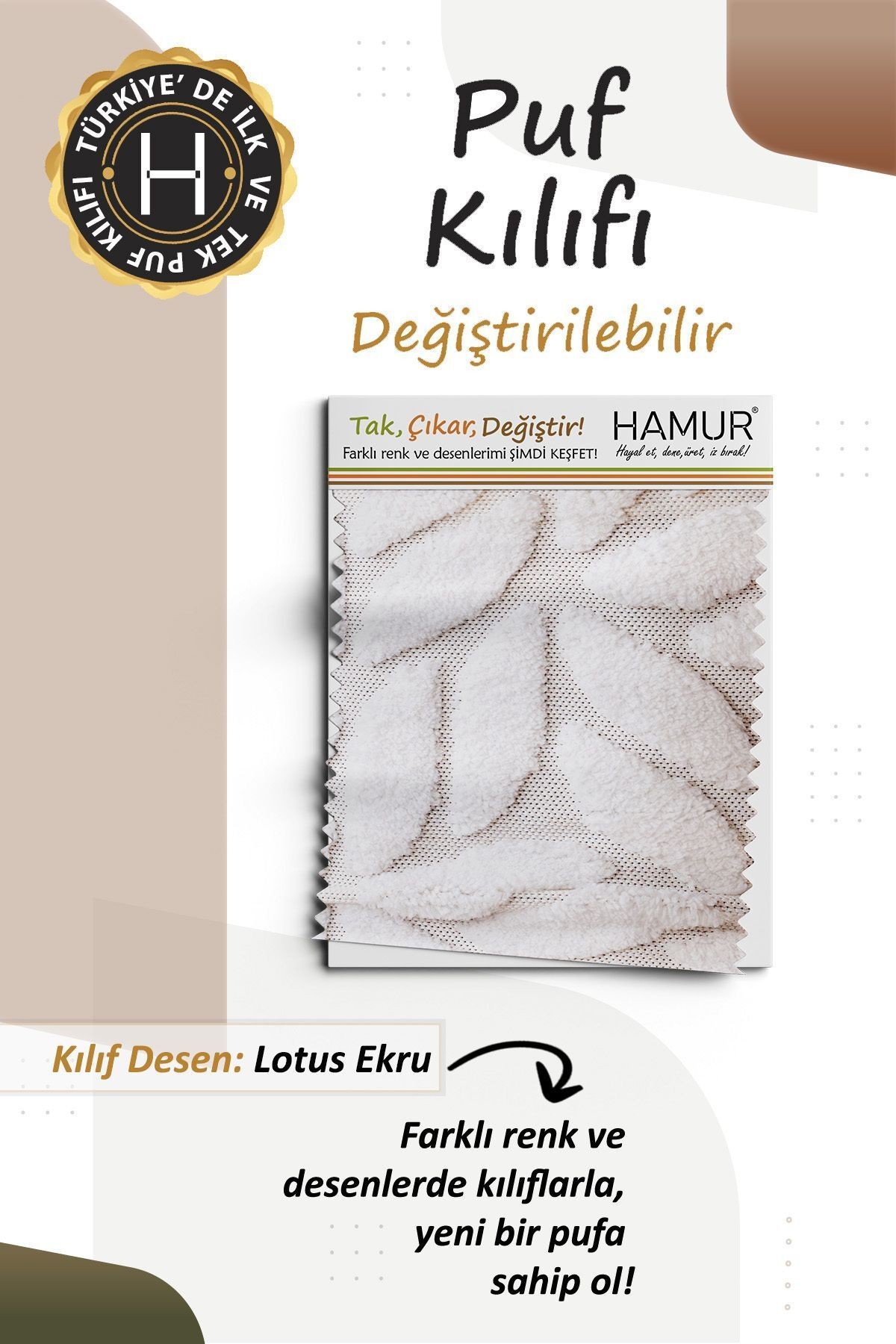 Yıkanabilir Puf Tabure Kılıfı Tak-Çıkar-Değiştir-Yenile Orta Sehpa Kılıfı By Lotus Ekru