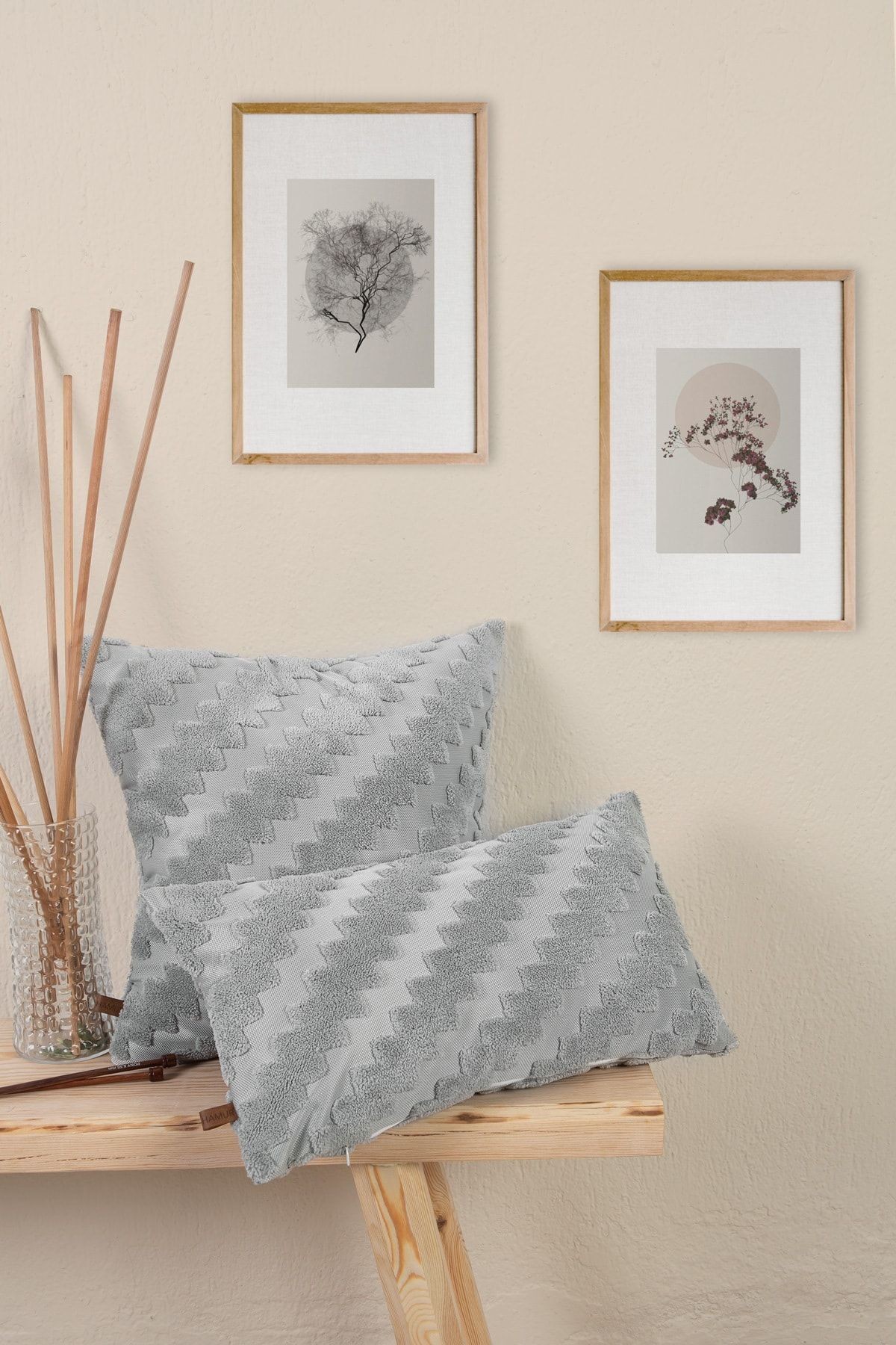 Zigzag Gri Bohem Özel Tasarım Punch Panç Desen Dikdörtgen Dekoratif Kırlent Kılıfı 28x50 cm