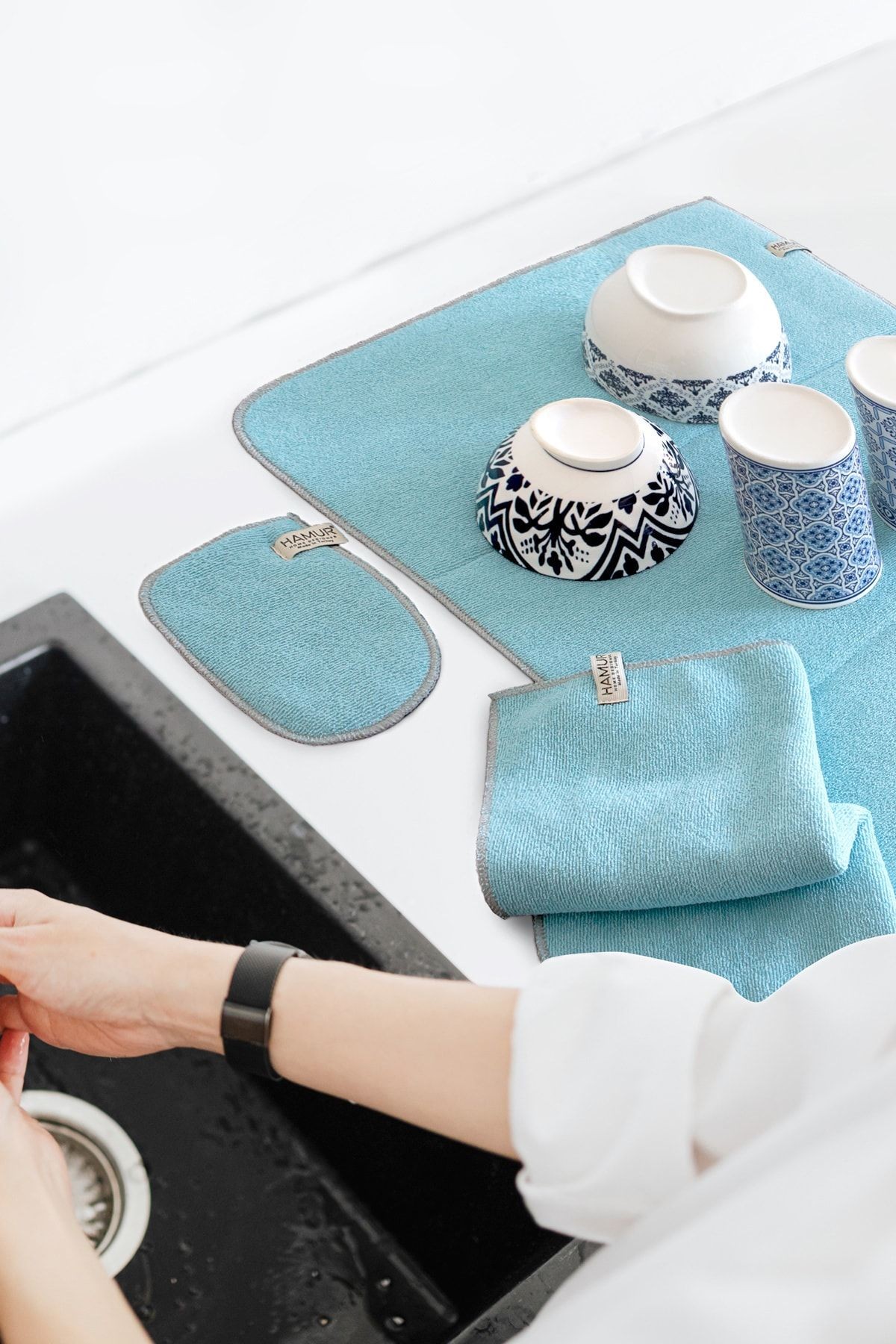 Microwell 3 Prç Microfiber Bulaşık Kurutma Matı Mutfak Seti 3'lü Kurulama Bezi Örtüsü Mint-gri