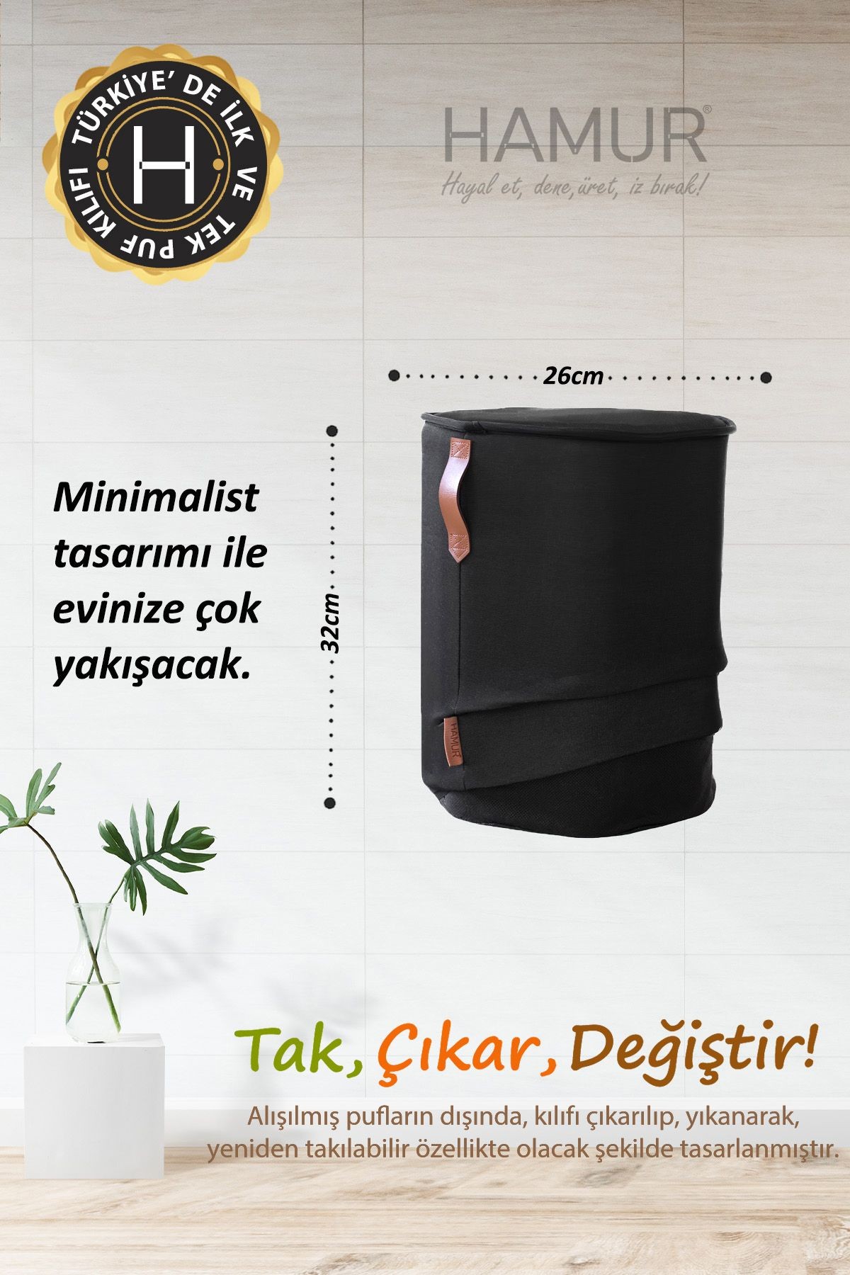Yıkanabilir Puf Tabure Kılıfı Tak-Çıkar-Değiştir-Yenile Orta Sehpa Kılıfı Kc Meek Siyah