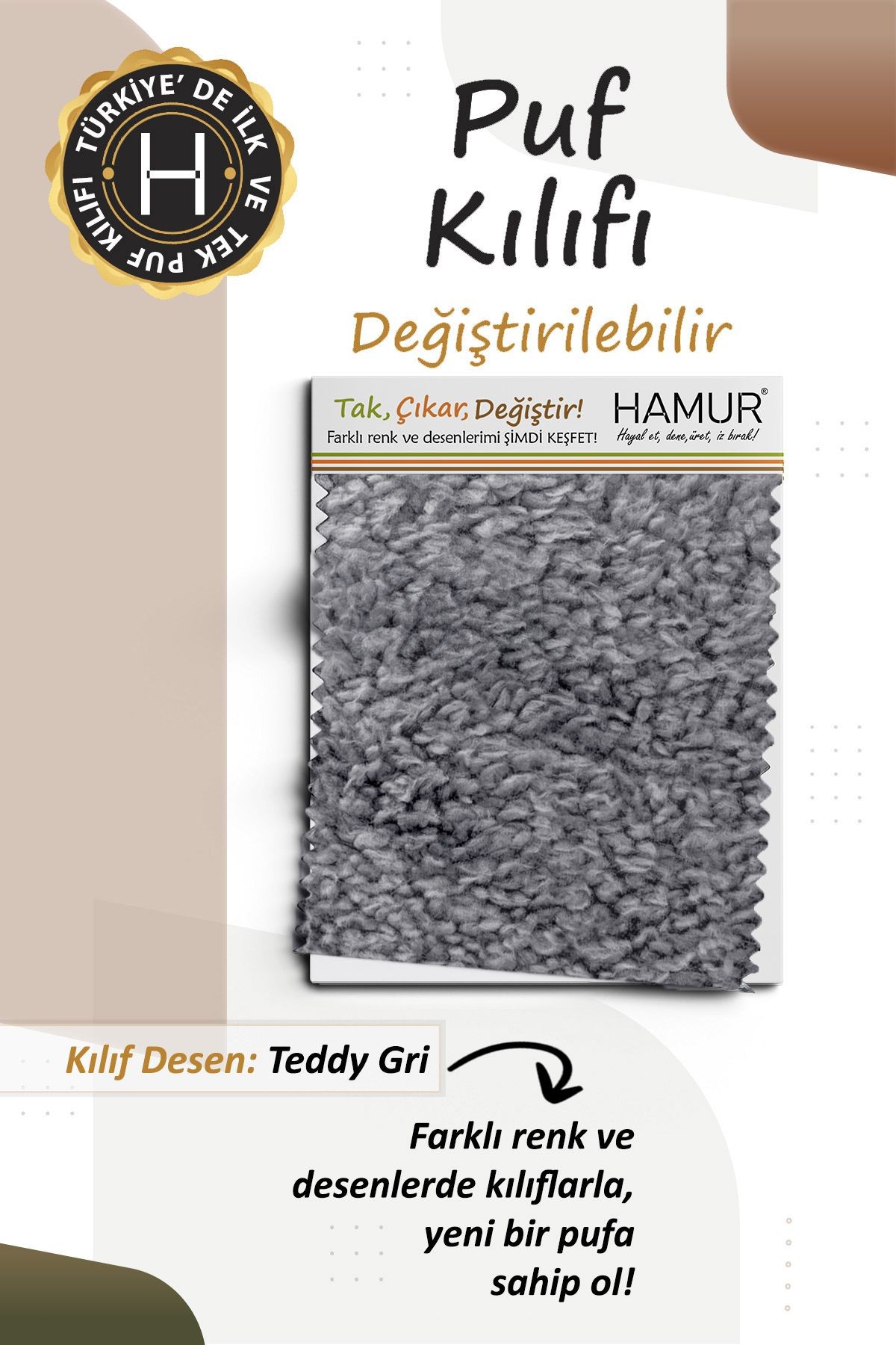 Yıkanabilir Puf Tabure Kılıfı Tak-Çıkar-Değiştir-Yenile Orta Sehpa Kılıfı Kc Teddy Gri