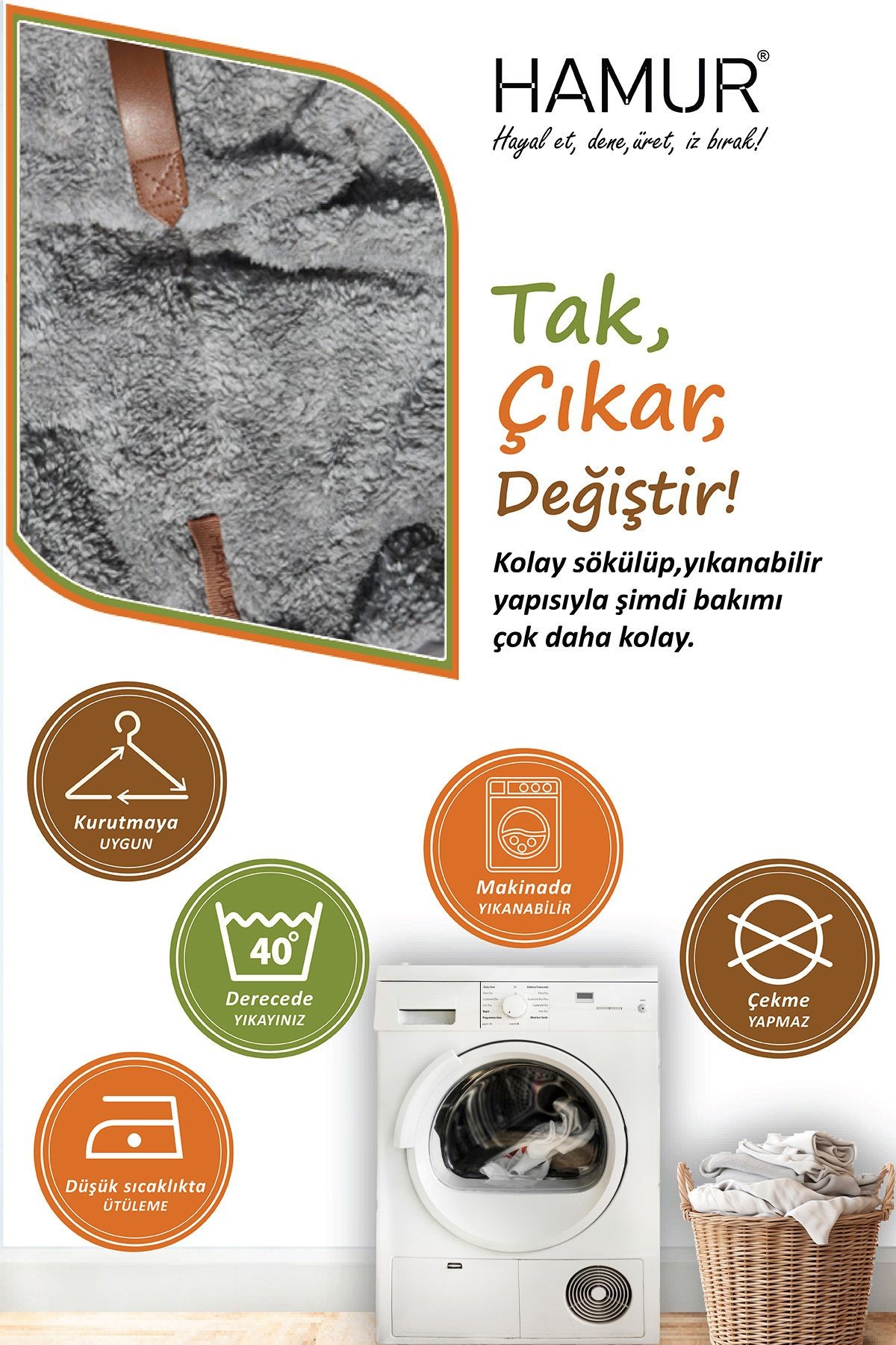 Yıkanabilir Puf Tabure Kılıfı Tak-Çıkar-Değiştir-Yenile Orta Sehpa Kılıfı By Teddy Gri