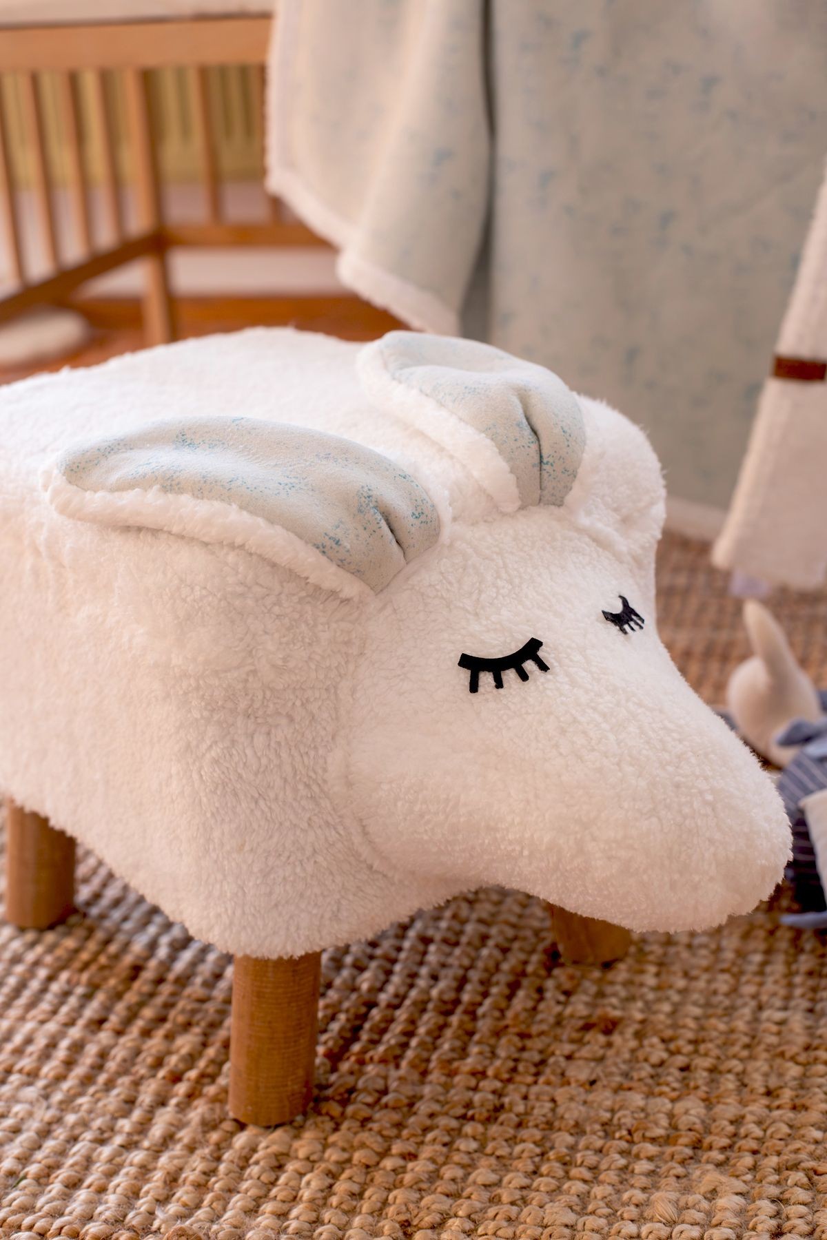 Yıkanabilir Kılıflı Tabure Bebek Çocuk Oyun Koltuğu Sandalye Ahşap Ayaklı Puf Fluffy Zoo Bunny
