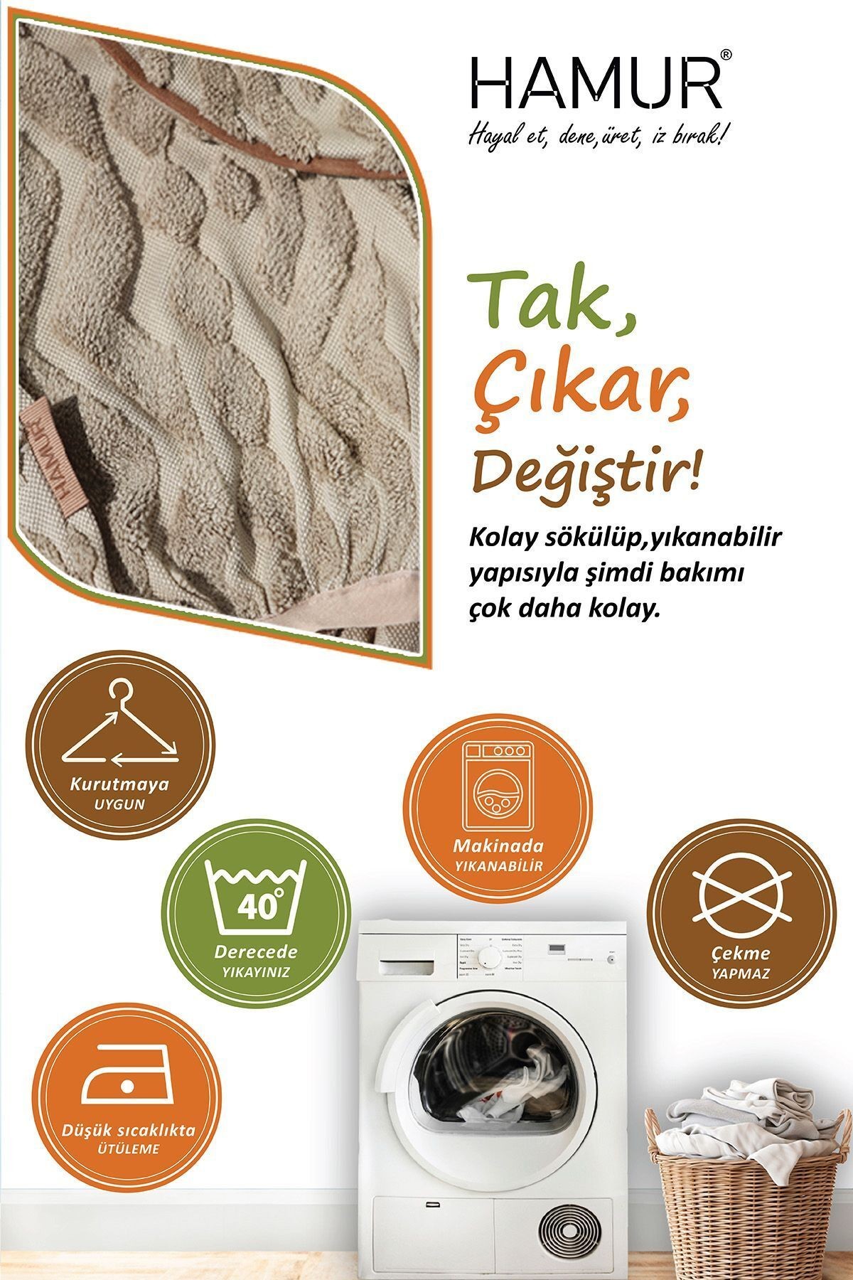 Yıkanabilir Puf Tabure Kılıfı Tak-Çıkar-Değiştir-Yenile Orta Sehpa Kılıfı By Letta Natural