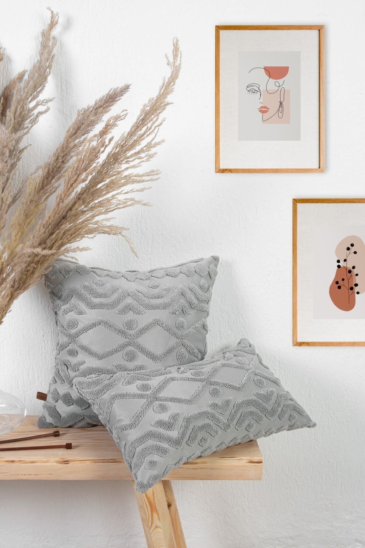 Bohem Özel Tasarım Punch Panç Desen Dikdörtgen Dekoratif Kırlent Kılıfı Letta Gri 28x50 cm