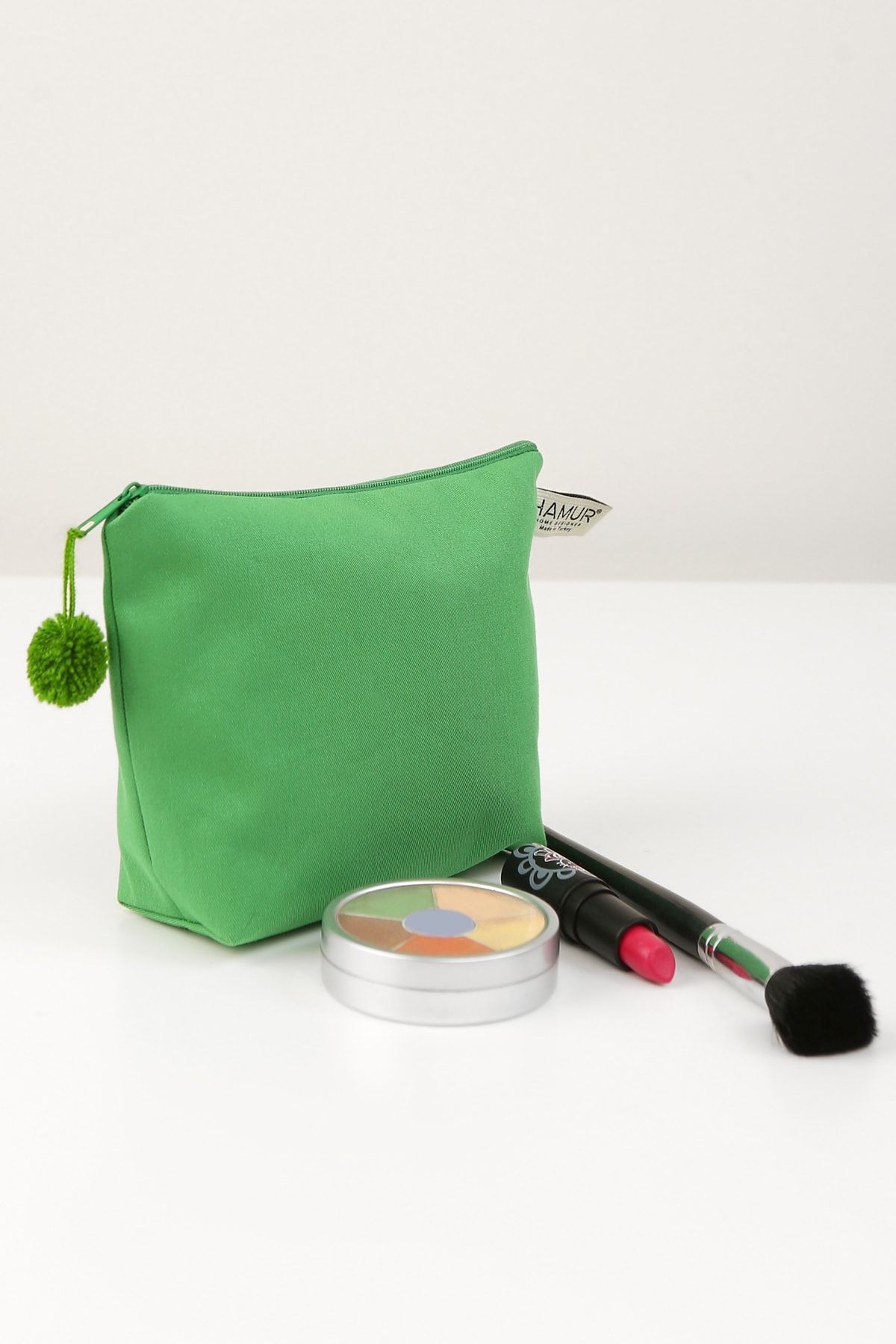 Makyaj Çantası Ponponlu Yeşil Çok Amaçlı Clutch Çanta