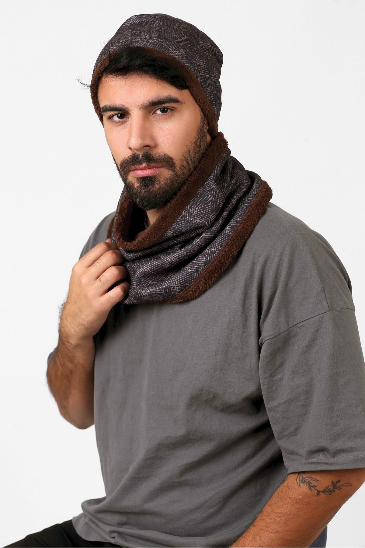 Kahve Erkek Bere Ve Boyunluk 2li Set Takım Scot Bb-107
