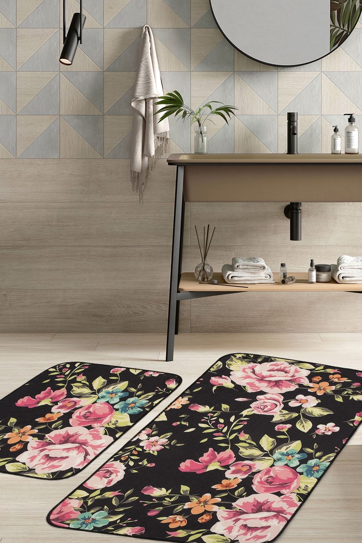 Floral 2 'li Set Banyo Paspası Kaymaz Taban Banyo Halısı
