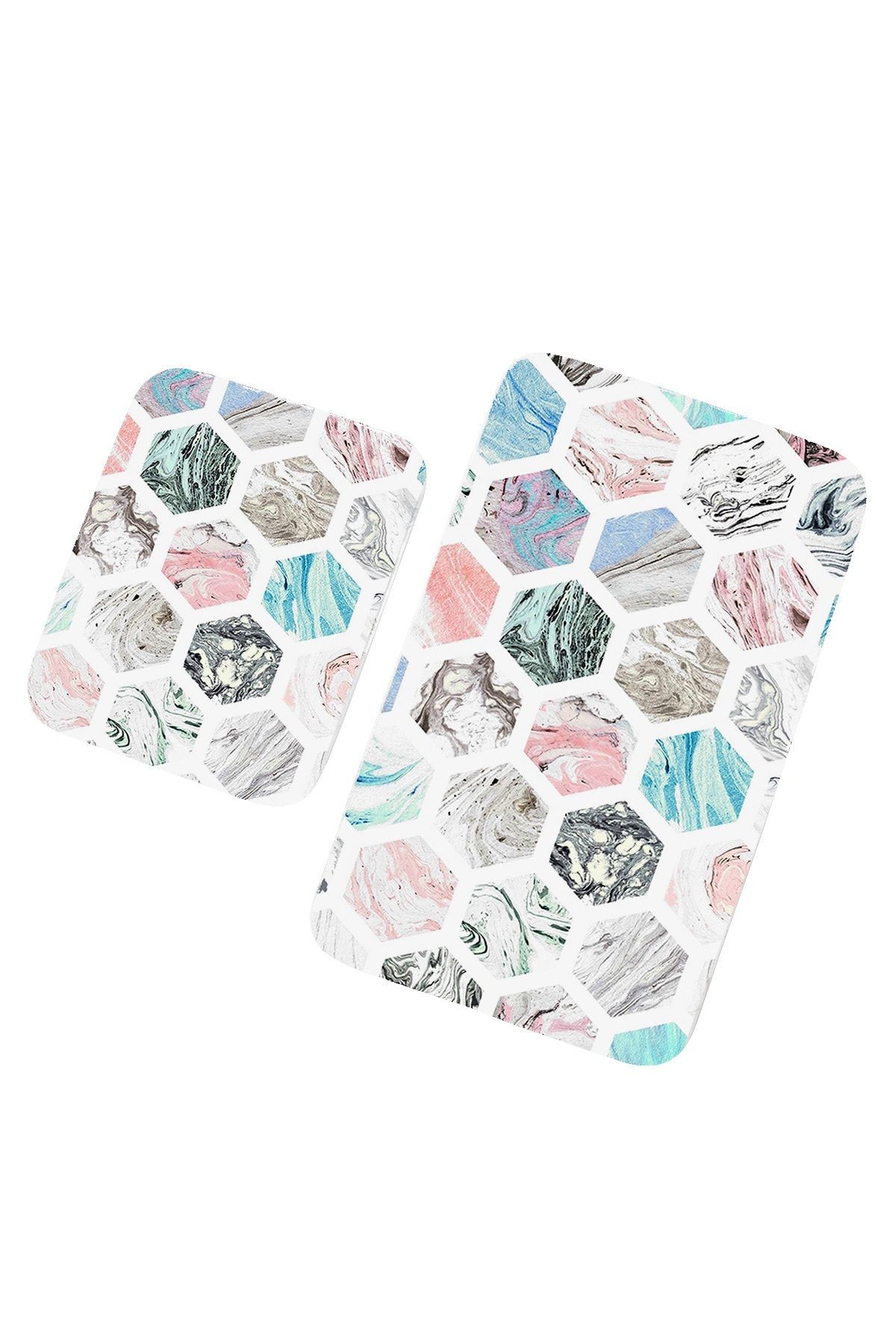 Hexagon 2 'li Set Banyo Paspası Kaymaz Taban Banyo Halısı