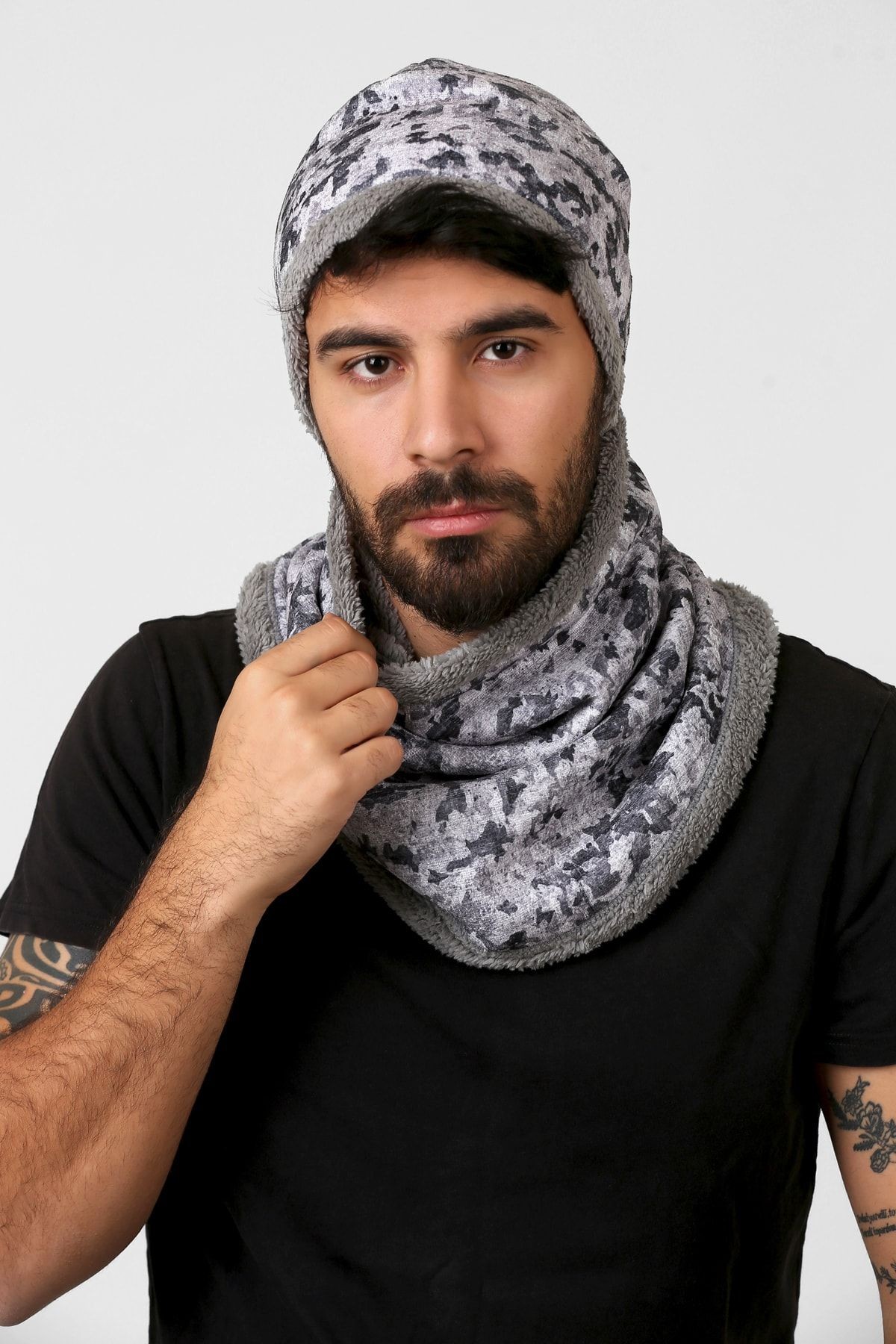Gri Erkek Bere Ve Boyunluk 2li Set Takım Kamuflaj Bb-105