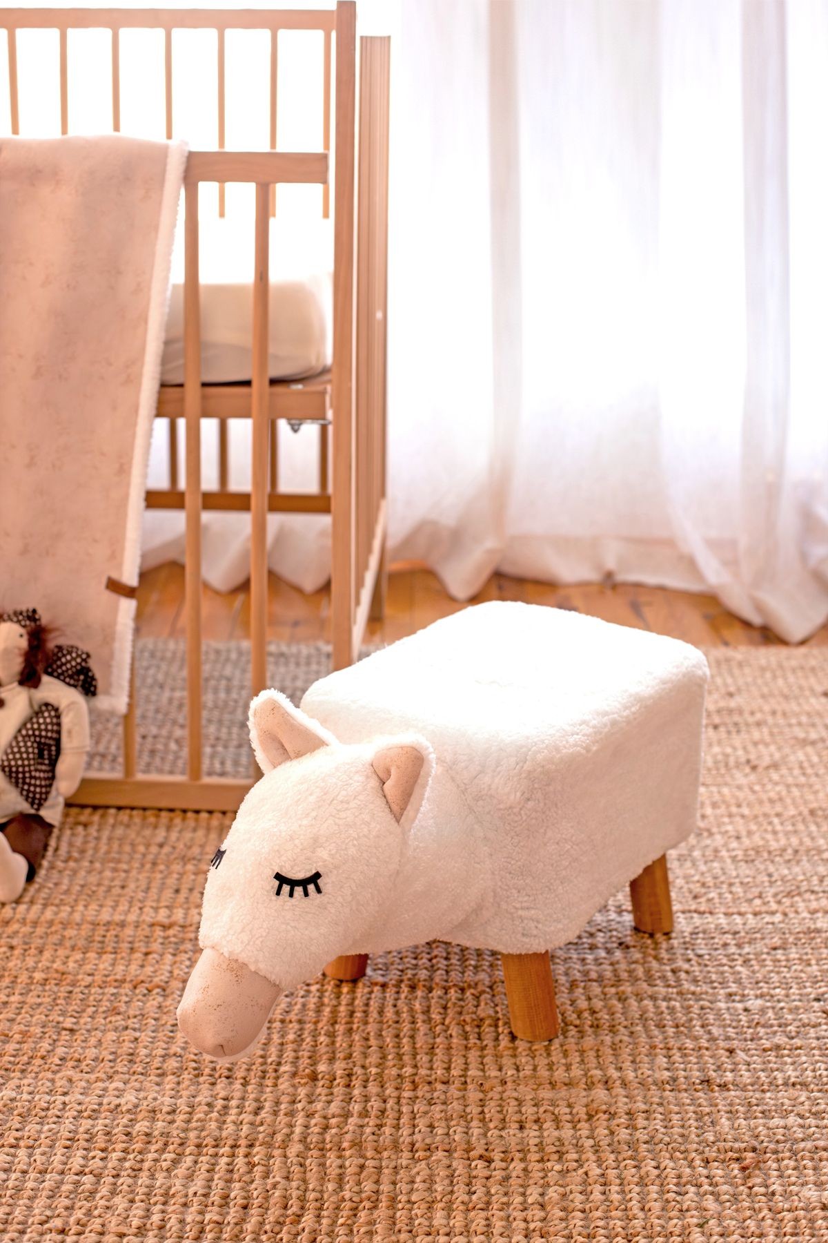Yıkanabilir Kılıflı Tabure Bebek Çocuk Oyun Koltuğu Sandalye Ahşap Ayaklı Puf Fluffy Zoo Camel