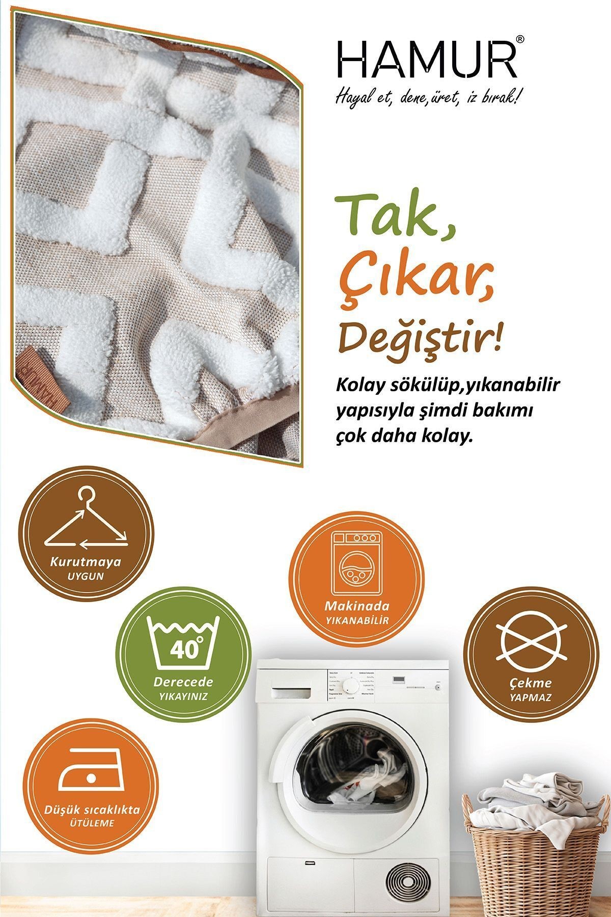 Yıkanabilir Puf Tabure Kılıfı Tak-Çıkar-Değiştir-Yenile Orta Sehpa Kılıfı By Mila Bej